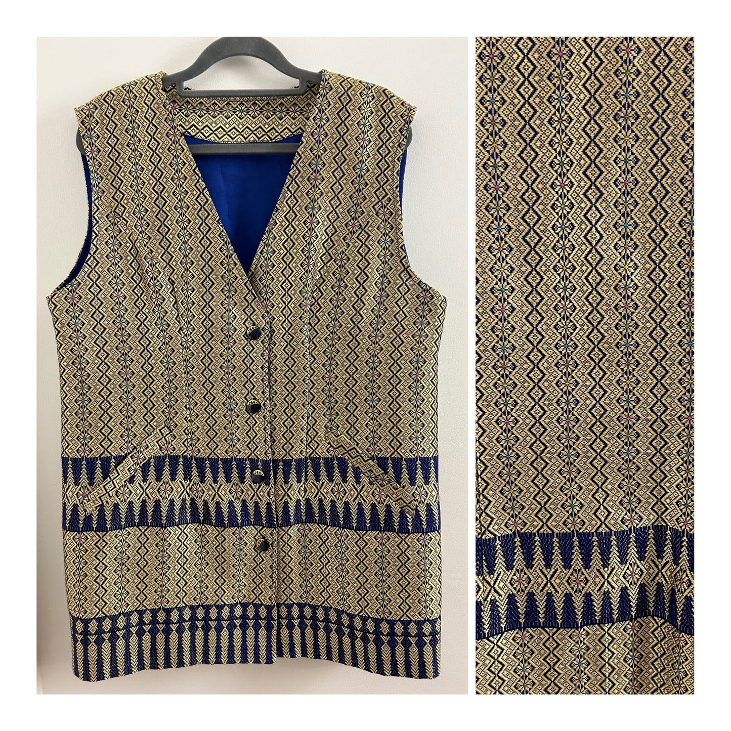 Vintage UK Size 14-16 Gold & Blue Woven Silk Abstract Pattern Tunic Waistcoat