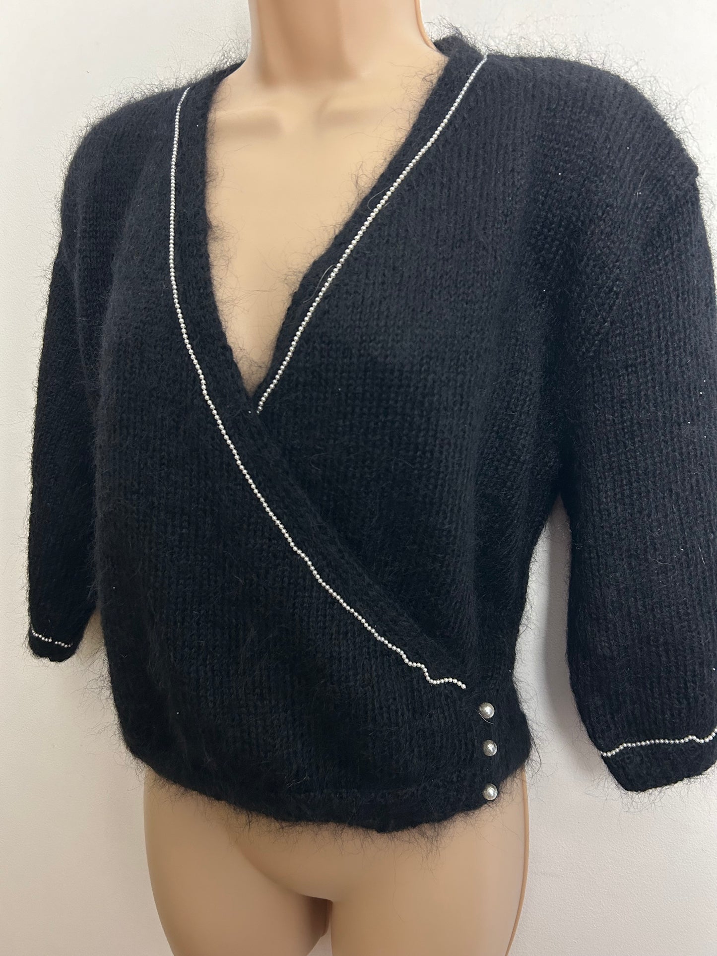 Vintage 1980s Size 12-14 Black Mohair Mix Mock Wrap Bead Detail Jumper