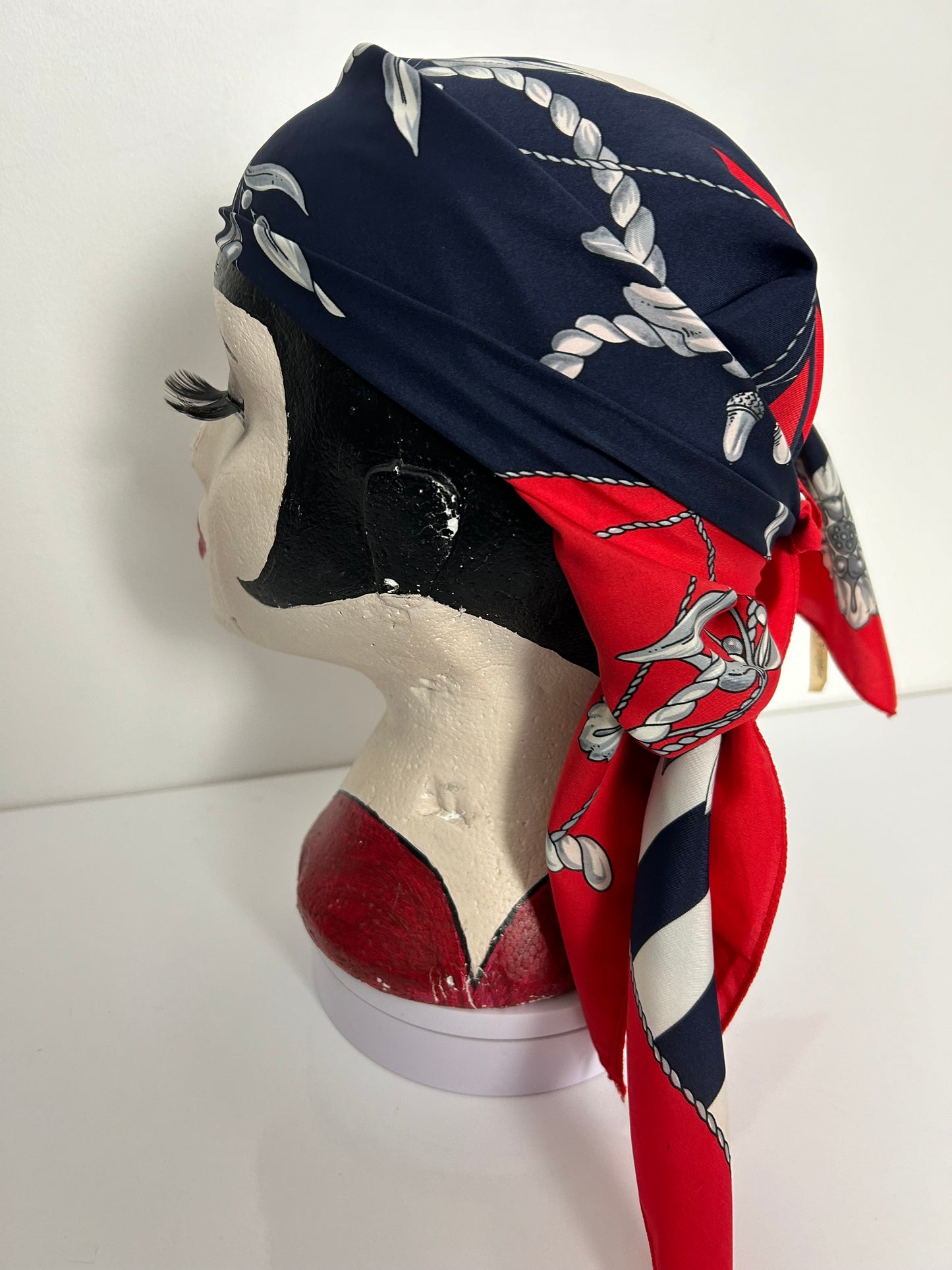 Vintage Red Navy Blue White & Grey Floral Wreath & Rope Print Scarf 70cm x 70cm