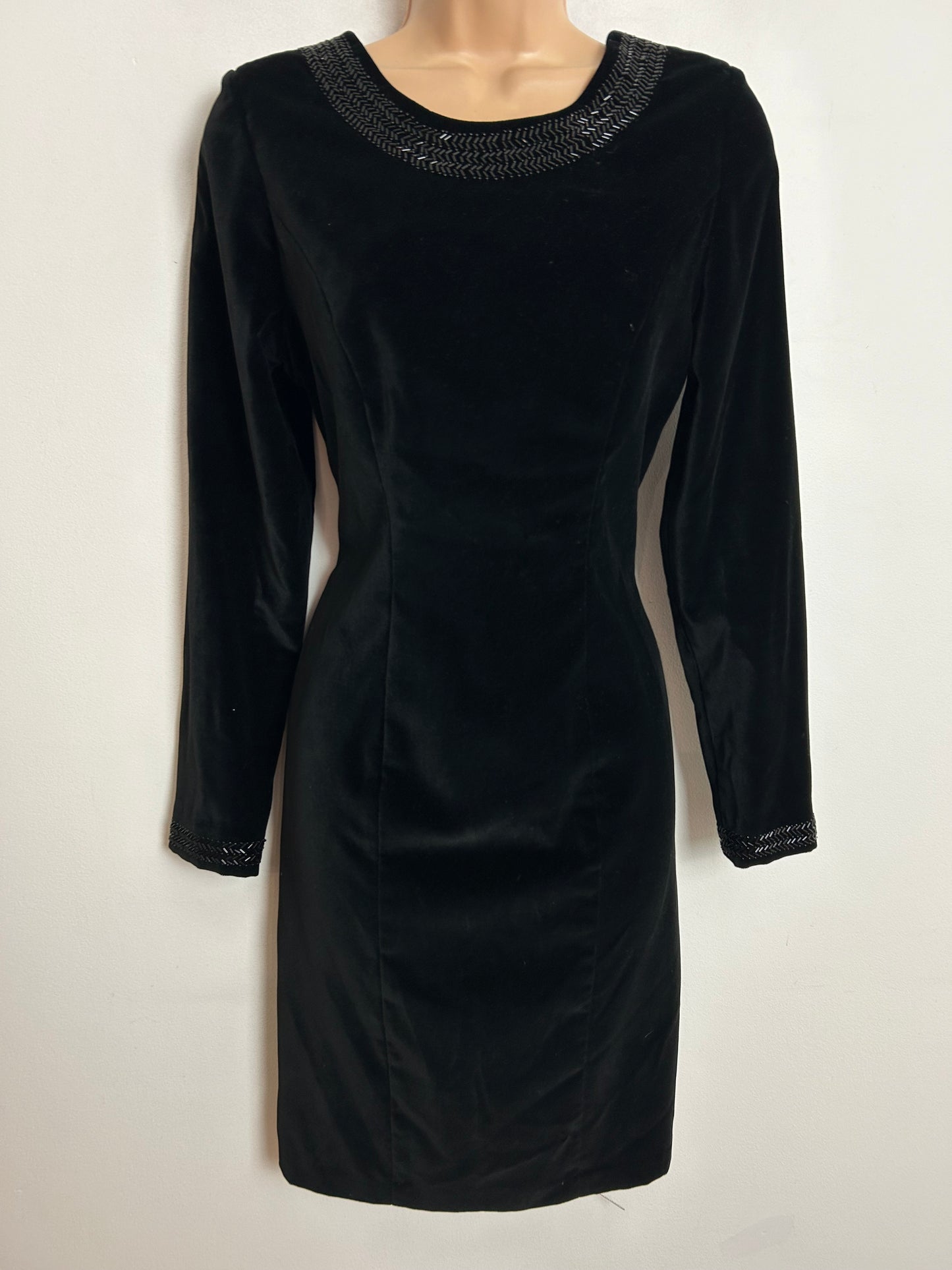 Vintage 80s 90s LAURA ASHLEY UK Size 8 Black Velvet Beaded Scooped Back Fitted Wiggle Dress