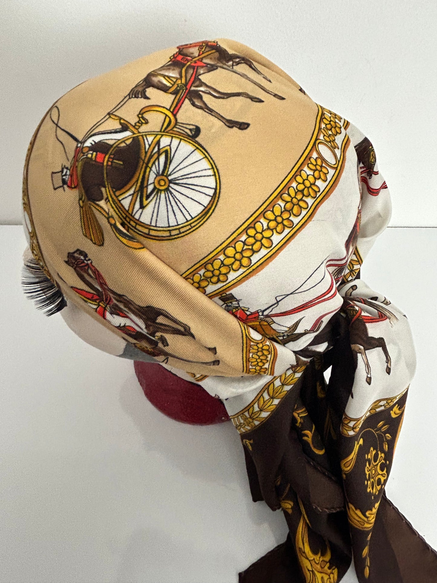 Vintage JS GERMAIN Brown Equestrian Regalia Horse & Carriage Print Scarf 80cm x 78cm