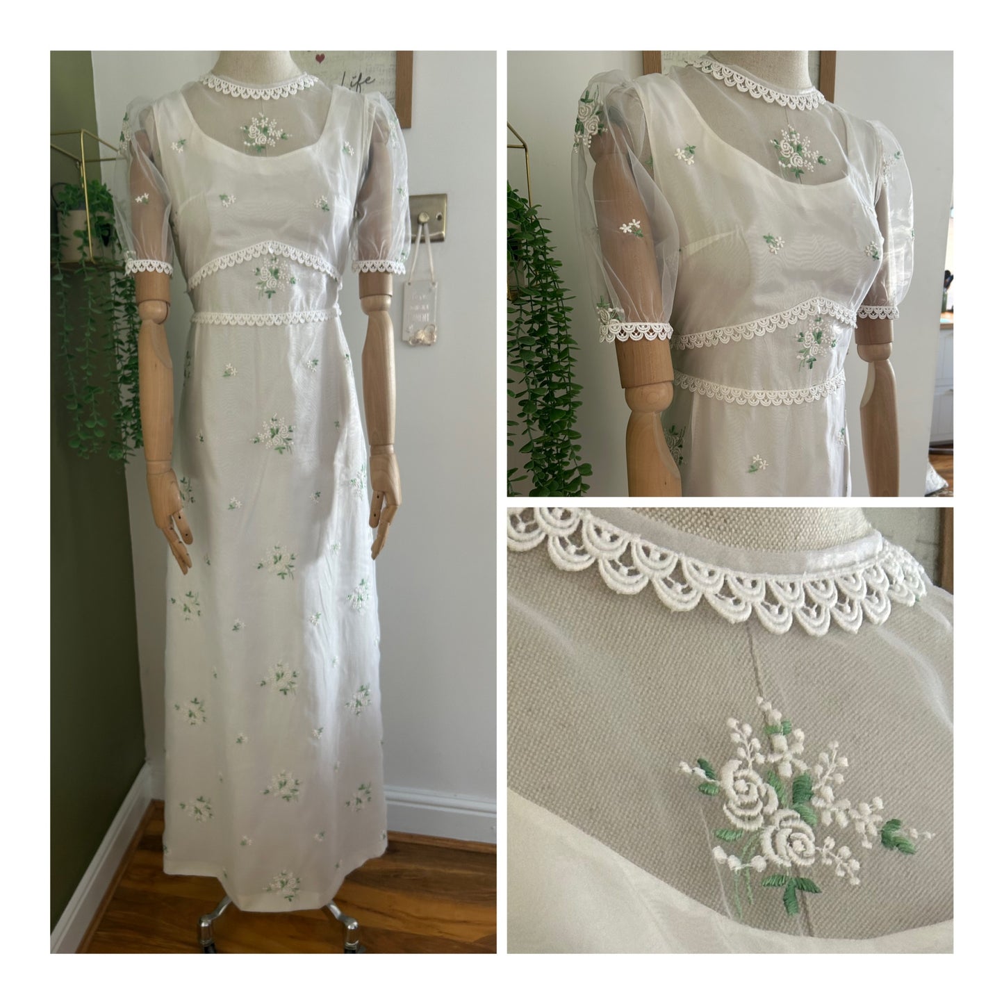 Vintage 1970s Size 10 Pretty White Embroidered Floral Detail Short Sleeve Boho Summer/Wedding Dress