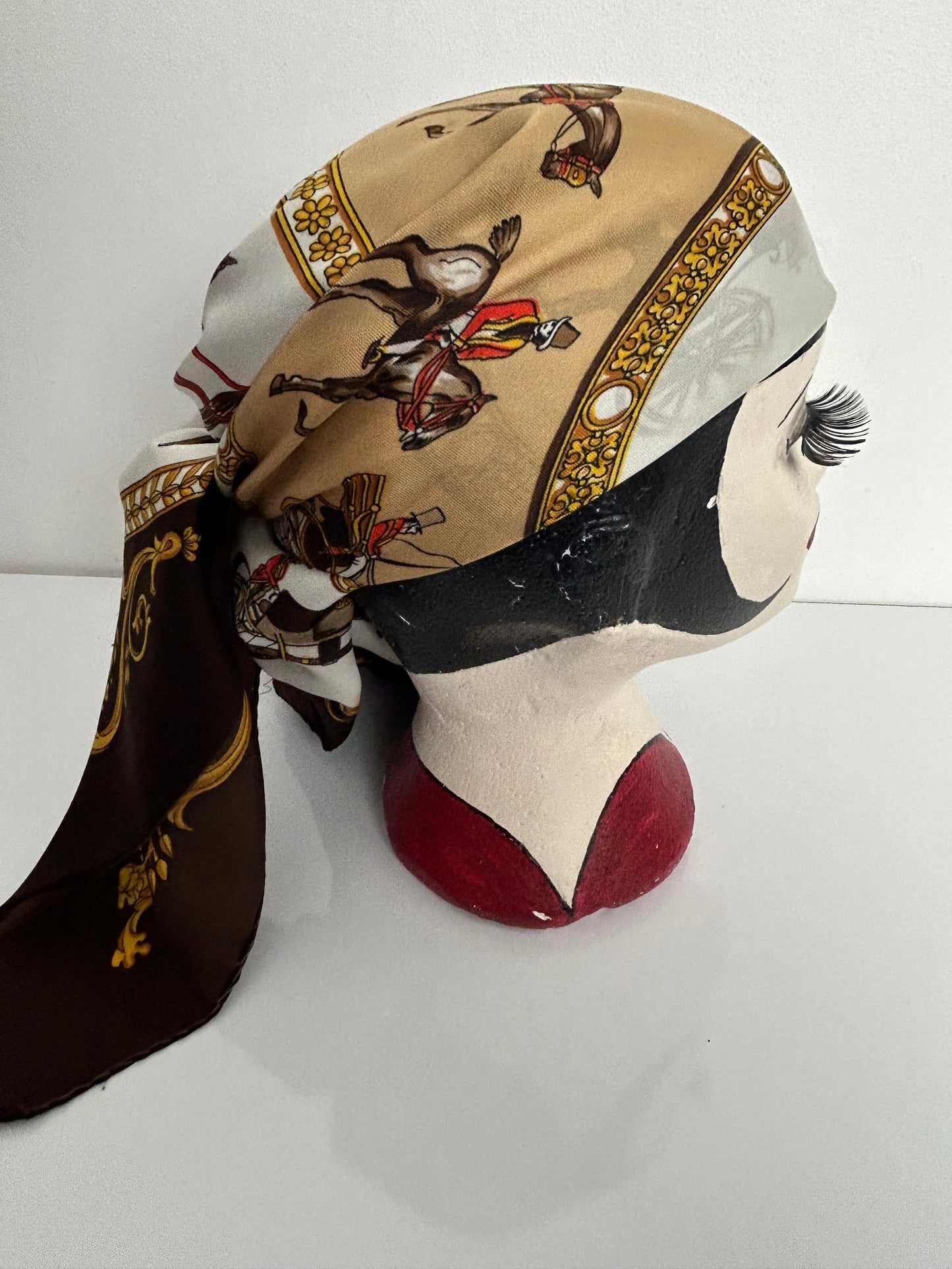 Vintage JS GERMAIN Brown Equestrian Regalia Horse & Carriage Print Scarf 80cm x 78cm