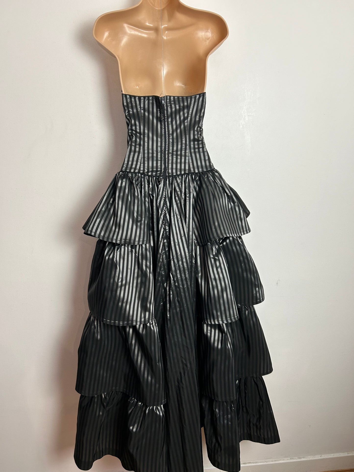 Vintage 80s LAURA ASHLEY UK Size 6-8 (Size 12 On Label) Strapless Black & Pewter Stripe Tiered Full Length Ballgown (Copy)