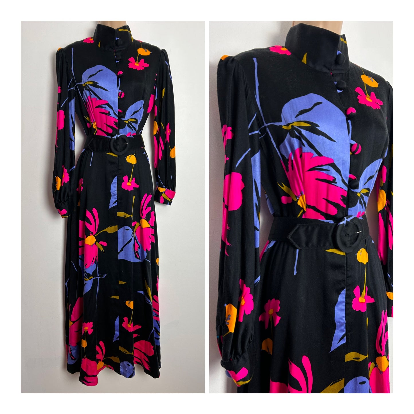 Vintage Late 1960s ALICE OF CALIFORNIA UK Size 8 Black Pink Blue & Orange Bold Floral Print Belted Maxi Dress