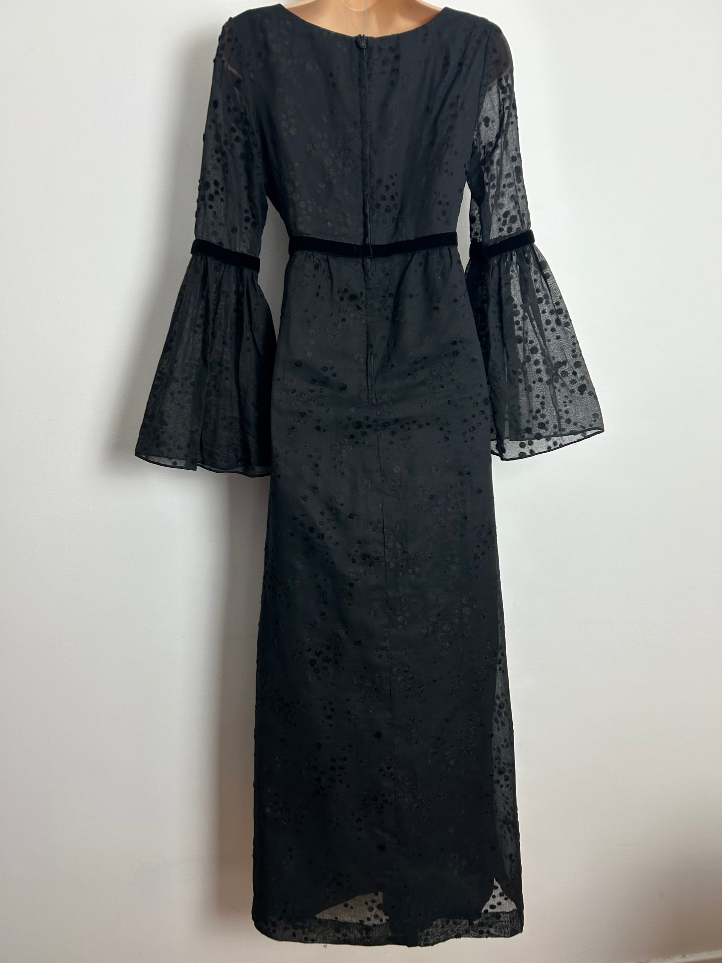 Vintage 1970s BERKERTEX UK Size 8 Black Cotton & Velvet Flock Flared Cuff Boho Maxi Dress