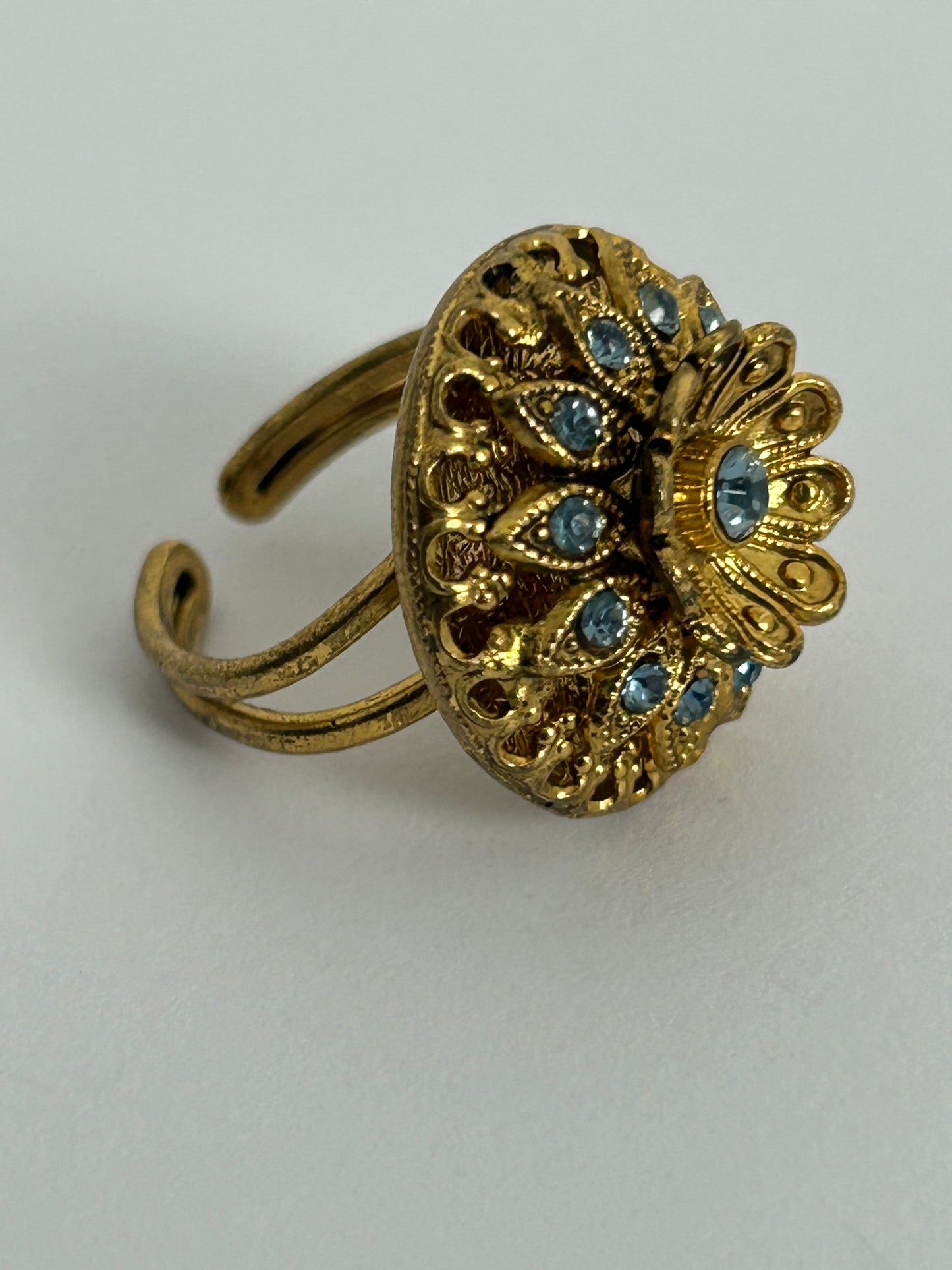 Vintage Gold Tone Base Metal & Blue Diamante Set Adjustable Ring Up To Size M