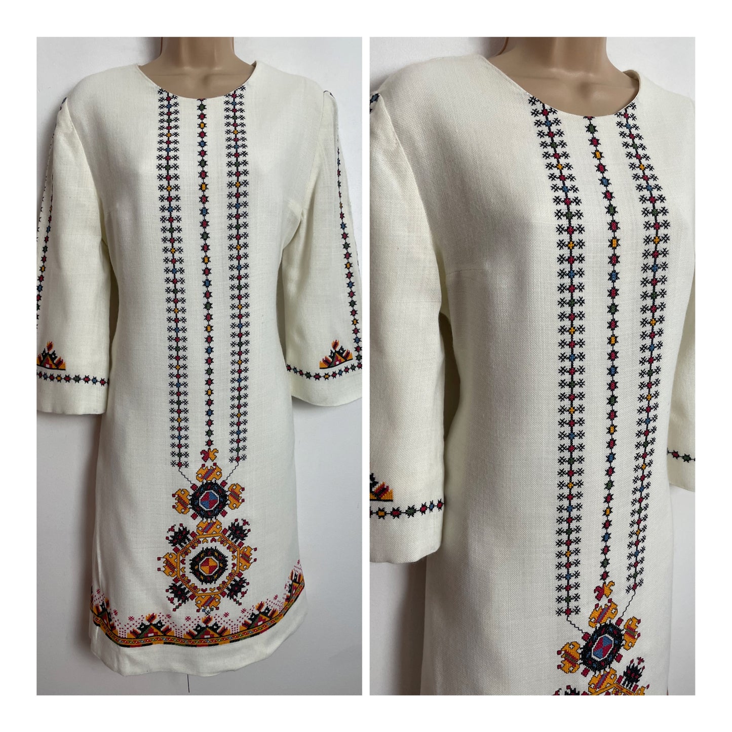 Vintage 1960s UK Size 10 Gorgeous White Black Orange & Red Embroidered Detail Wool Mix Mod Shift Dress