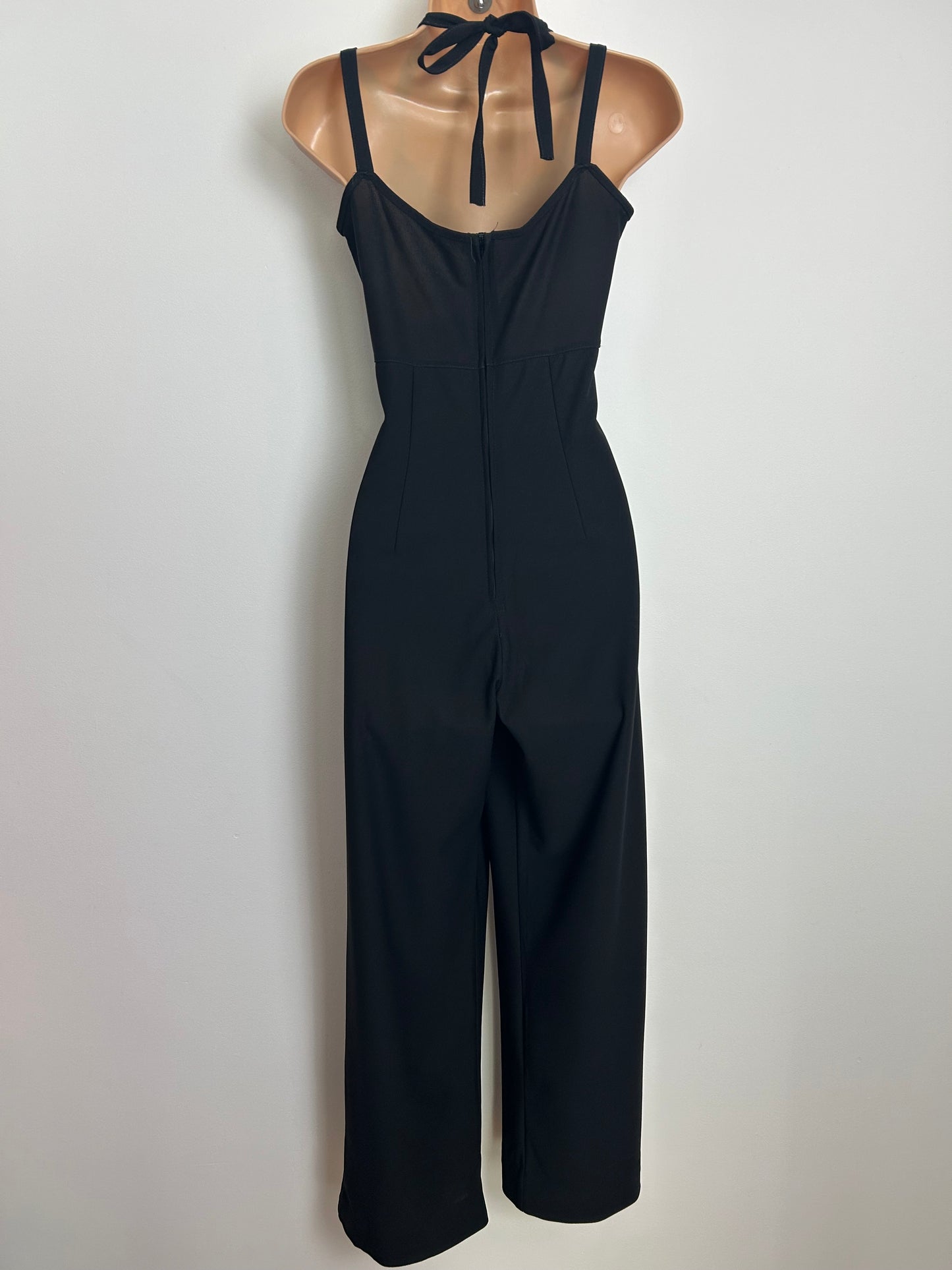Vintage Late 1970s Size 8 Black Strappy Wide Straight Leg Jumpsuit