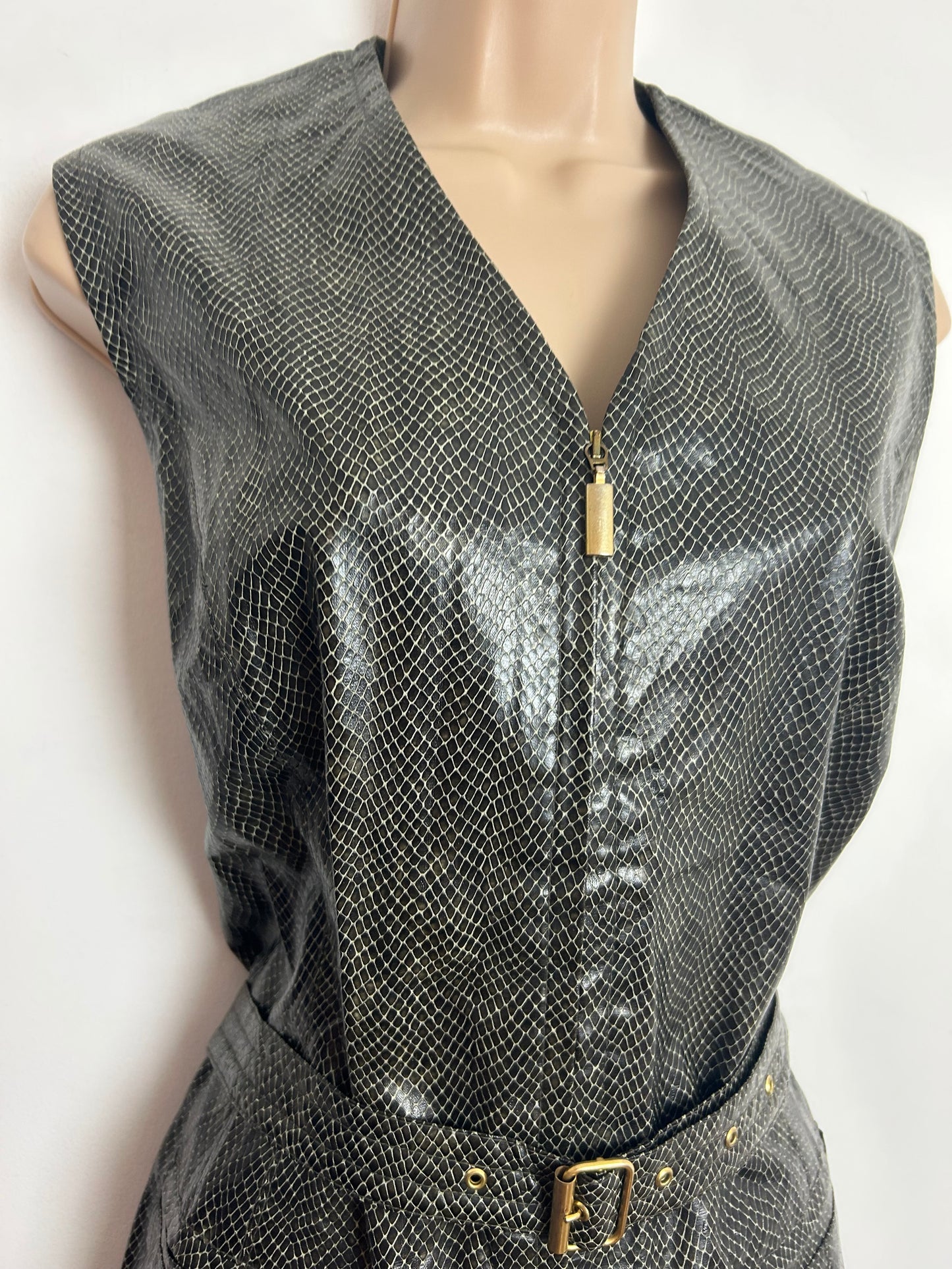 Vintage 1980s BETTY BARCLAY Size 12 Brown Faux Leather Reptile Skin Belted Zip Front Waistcoat Gilet Style Top