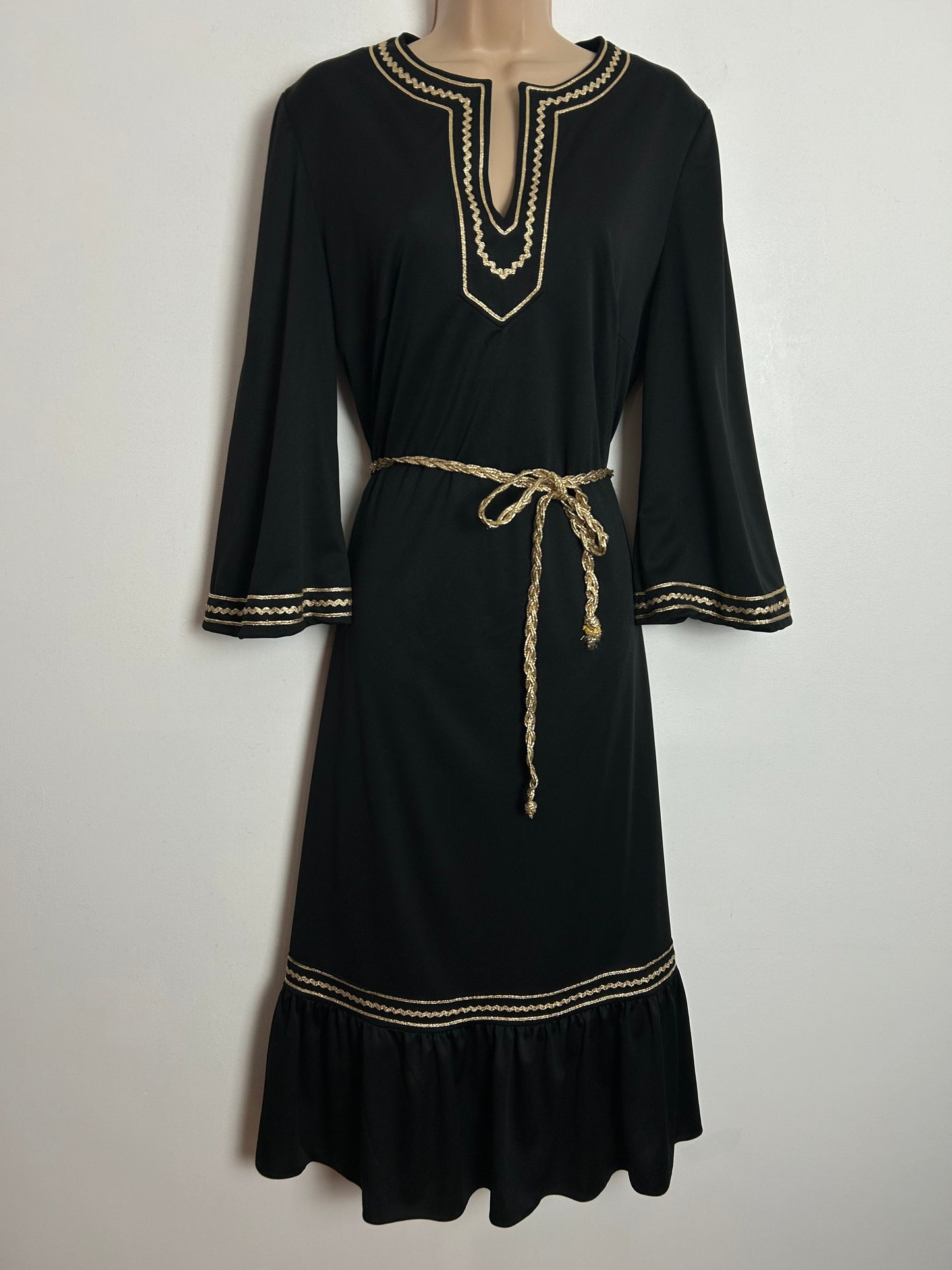 Vintage 1970s Size 14 Black & Metallic Gold Braid Trim Long Sleeve Belted Midi Dress