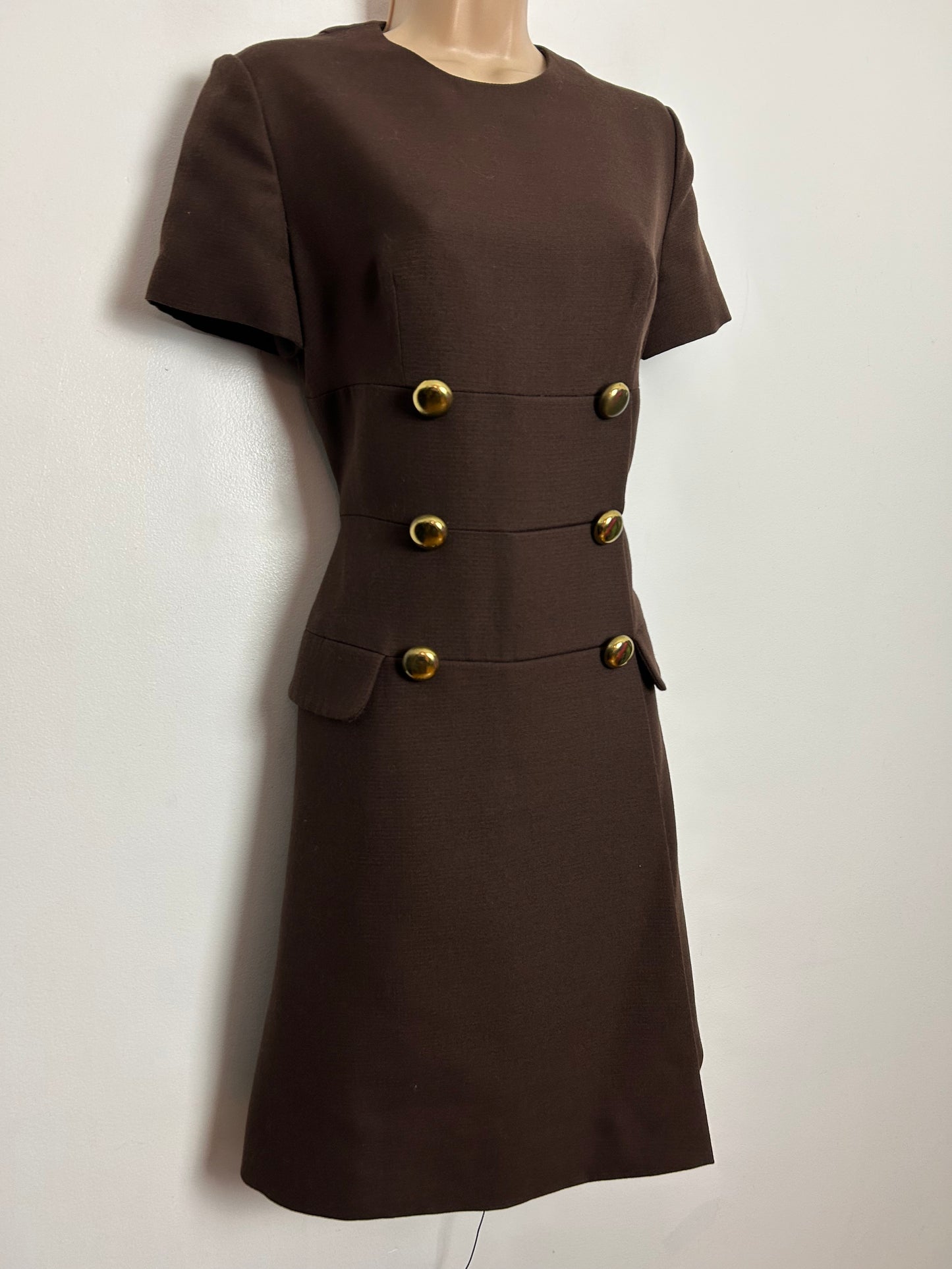 Vintage 1960s UK Size 10 Chocolate Brown Pure New Wool Military Style Short Sleeve Mod Dress
