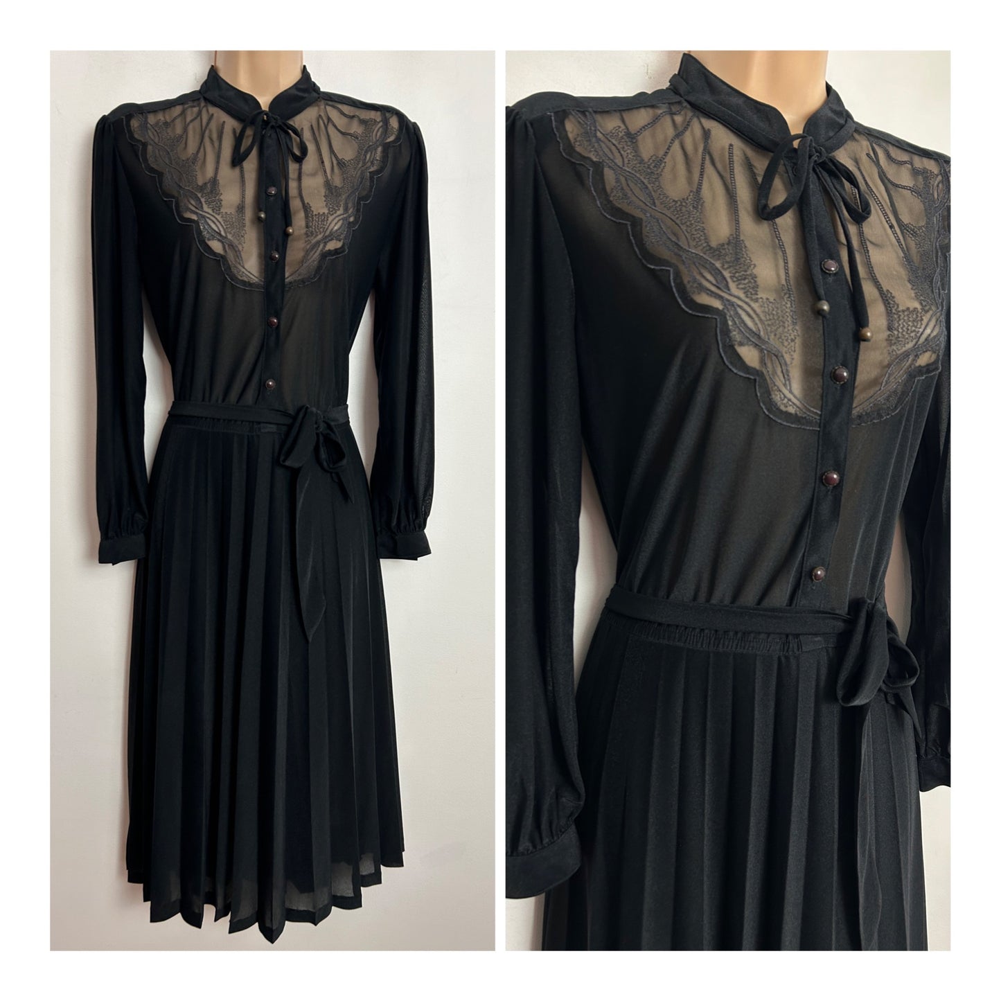 Vintage 1980s GARBO UK Size 12-14 Black Embroidered Semi Sheer Applique Detail Belted Pleated Day Dress