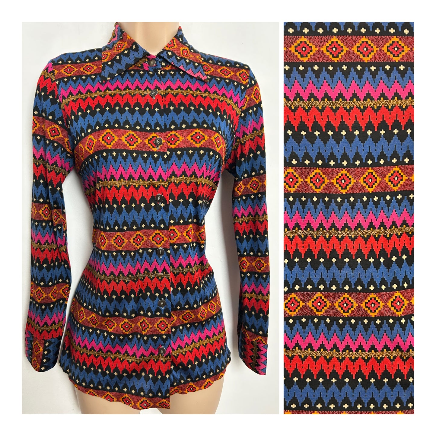 Vintage 1970s Size 8-10 Blue Red & Pink Abstract Print Long Sleeve Shirt