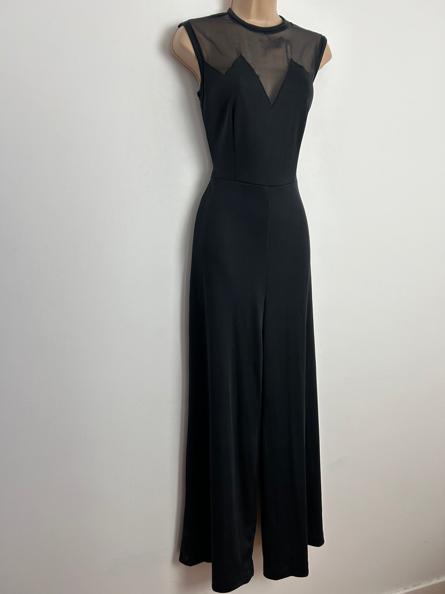 Vintage 1970s MISS DEVONSHIRE UK Size 8 Black Chiffon Panel Sleeveless Wide Leg Jumpsuit