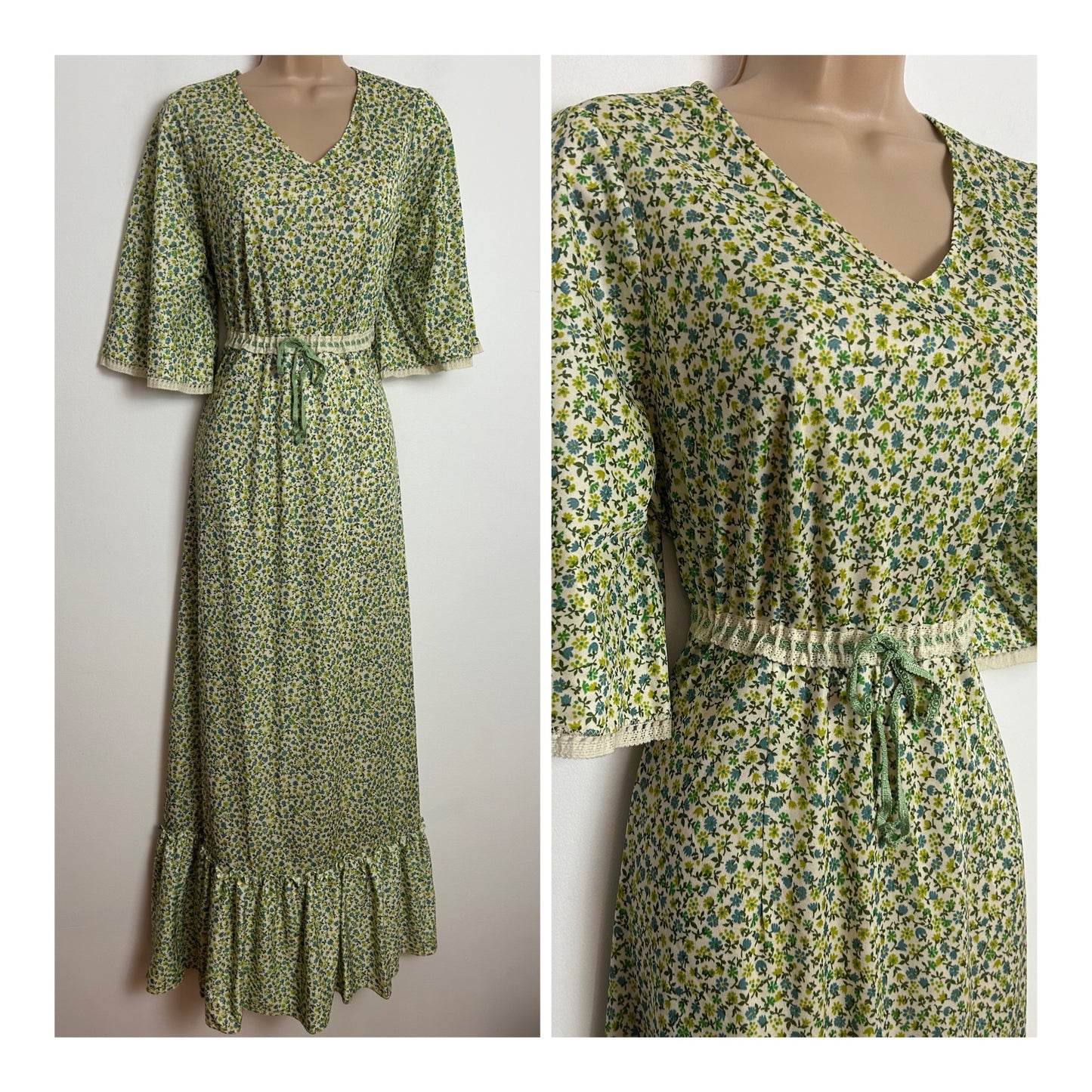 Vintage 1970s Size 14 Green Tones Ditsy Floral Print Lace Trim Shirt Flared Sleeve Boho Maxi Dress