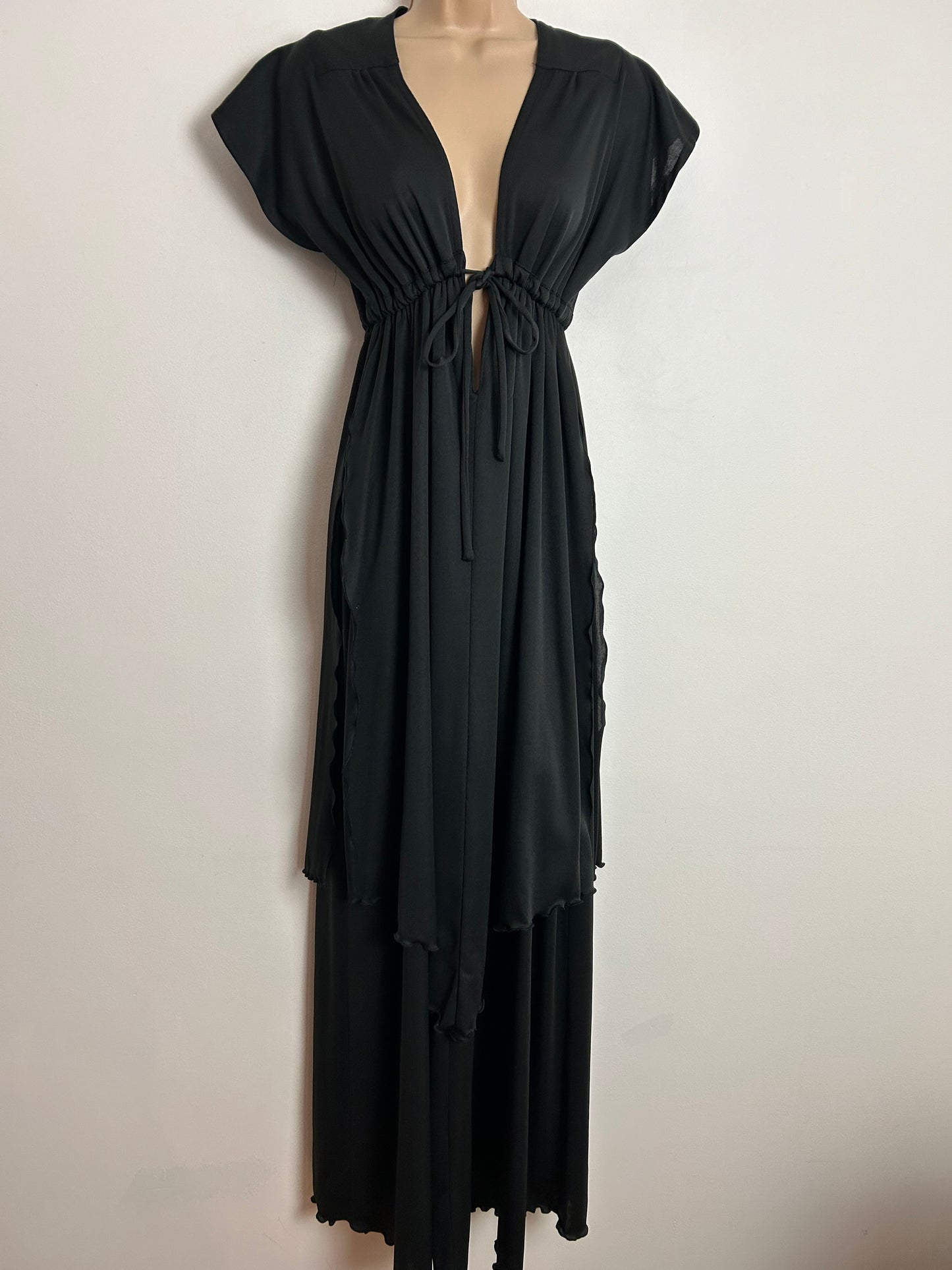 Vintage 1970s UK Size 8-10 Black Plunge V-Neck Draw Tie Waist Layered Maxi Dress
