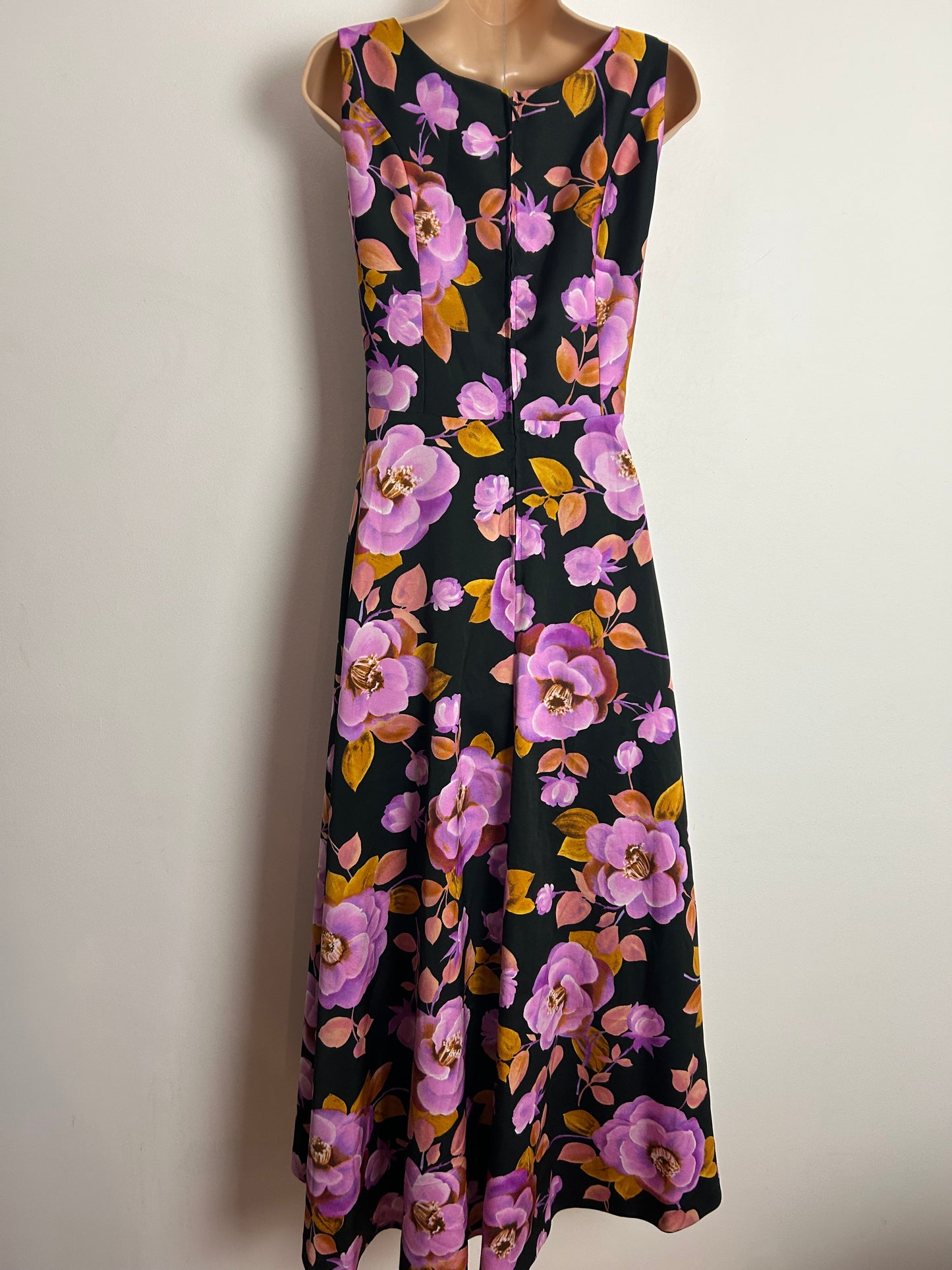 Vintage 1970s CH MODELL UK Size 10 Black Pink & Orange Floral Print Sleeveless Boho Maxi Dress