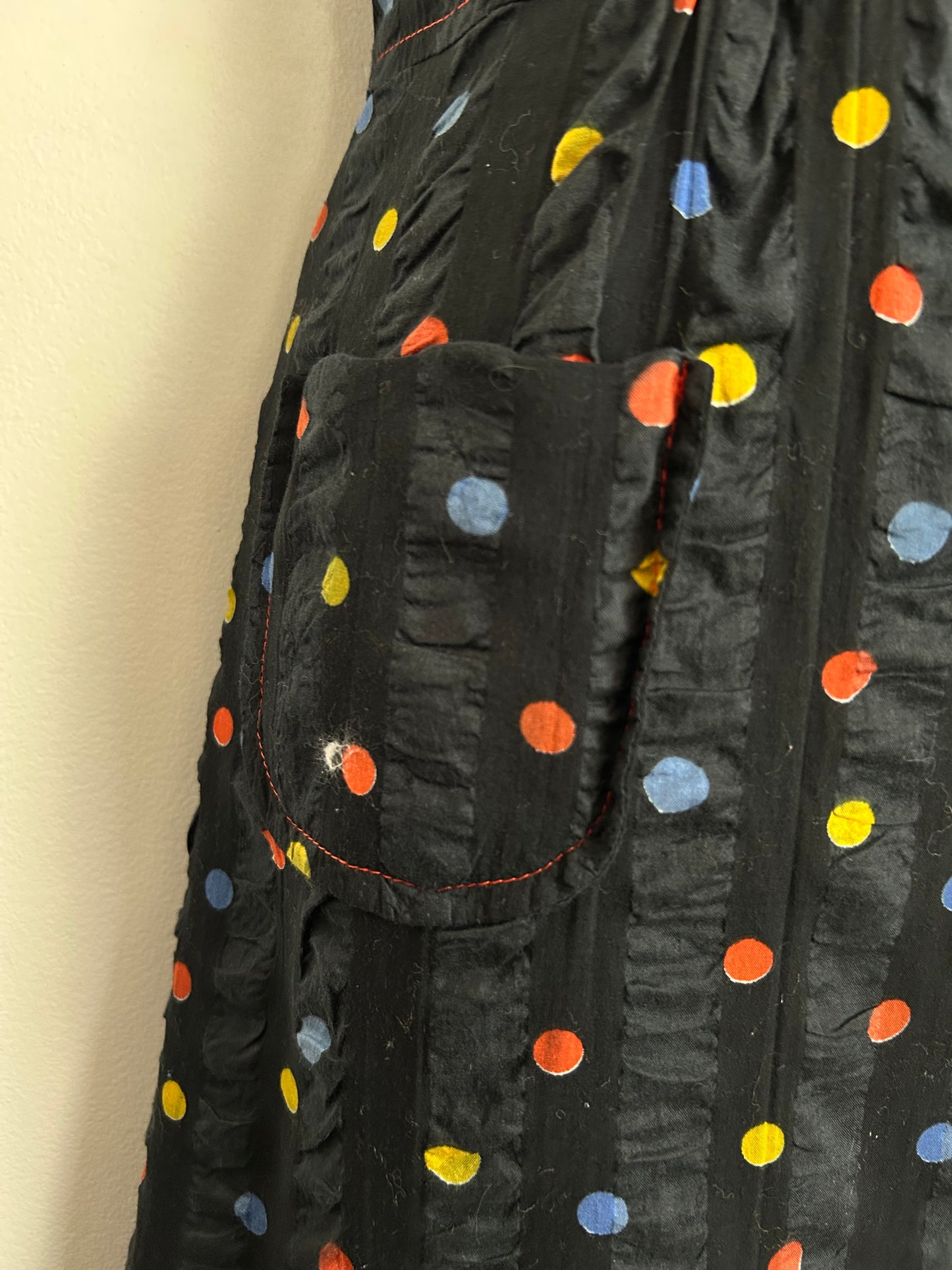 Vintage 1960s Size 10 Black Orange Yellow & Blue Polka Dot Seersucker Cotton Mini Mod Dress