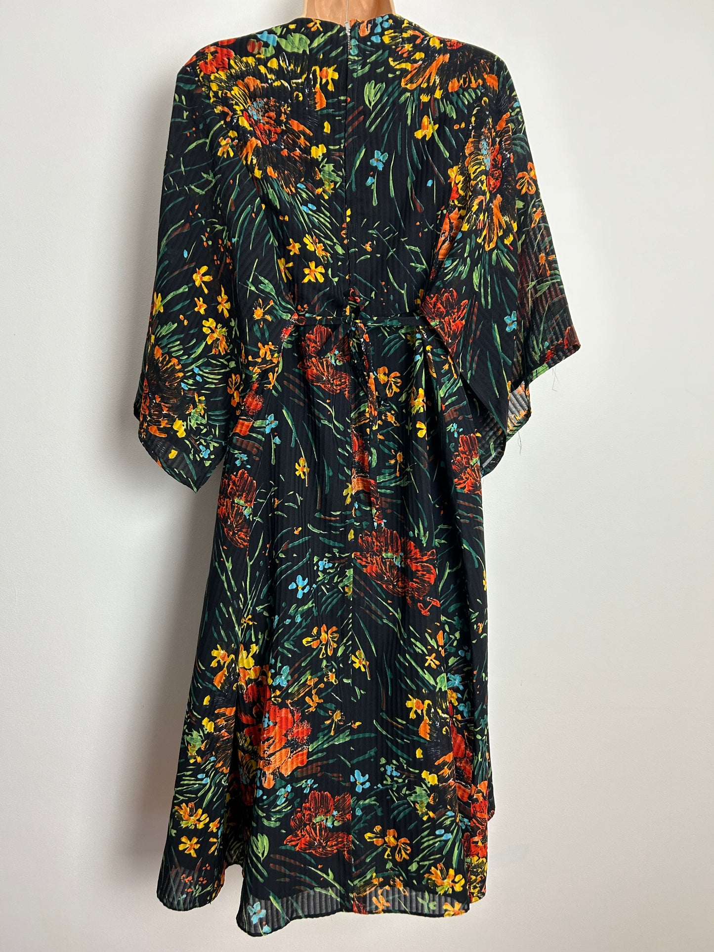 Vintage 1970s UK Size 14 Pretty Black Orange & Green Floral Print Mid Length Hanky Sleeve Midi Dress