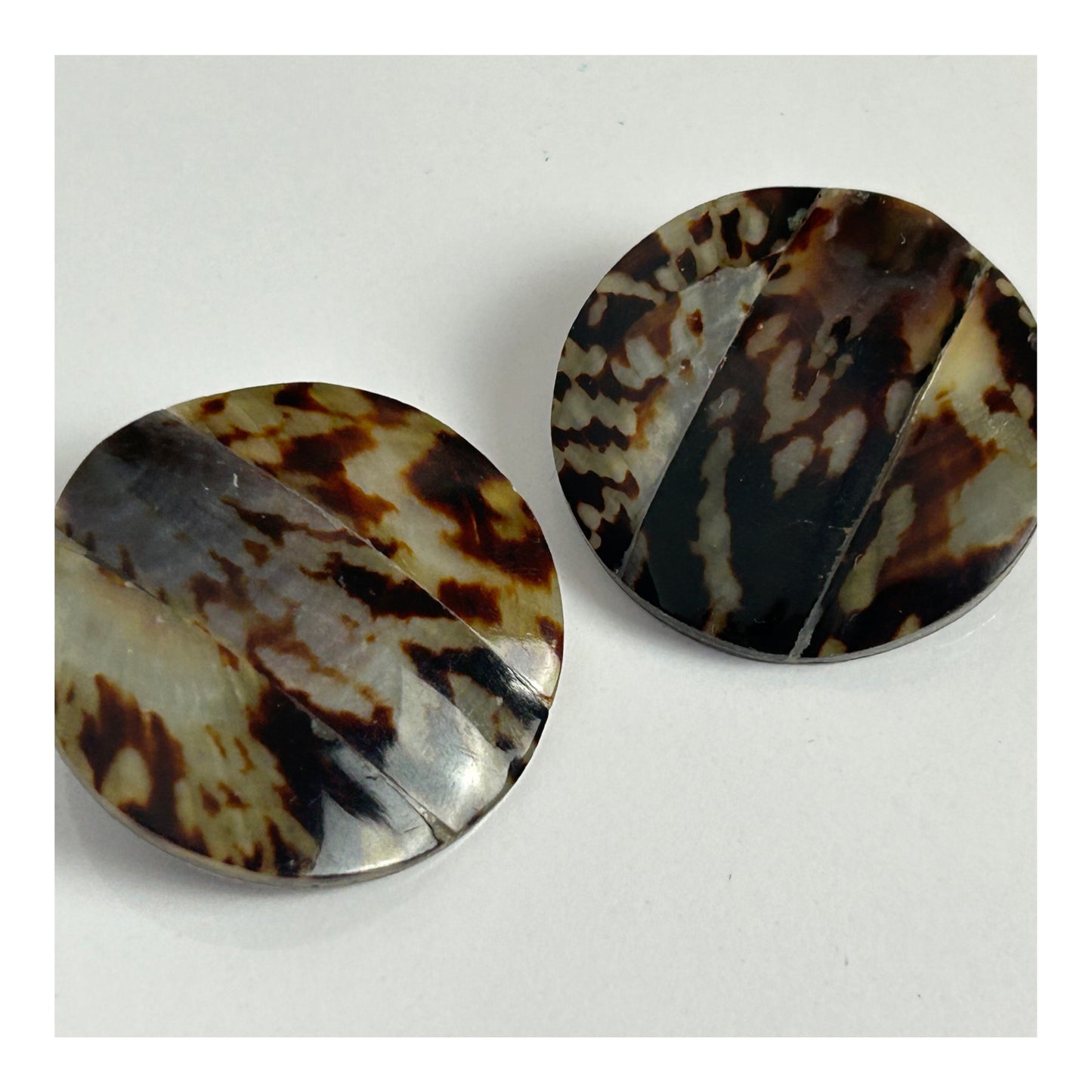 Vintage 1980s Large Round Glass & Silver Tone Base Metal Animal Print Clip On Earrings