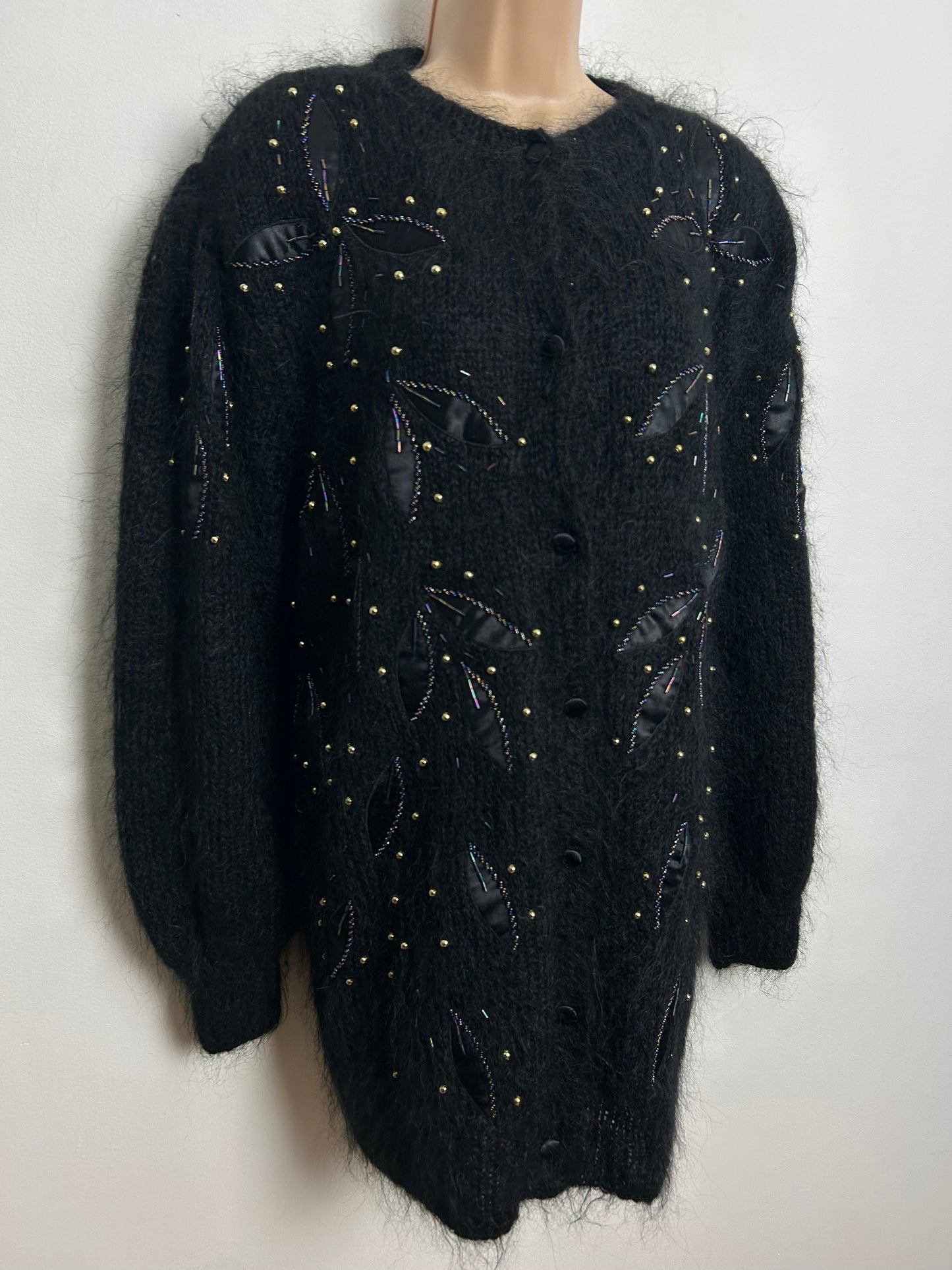 Vintage 1980s Up To Size 18 Black Mohair & Wool mix Satin & Bead Floral Applique Detail Fully Lined Cardigan