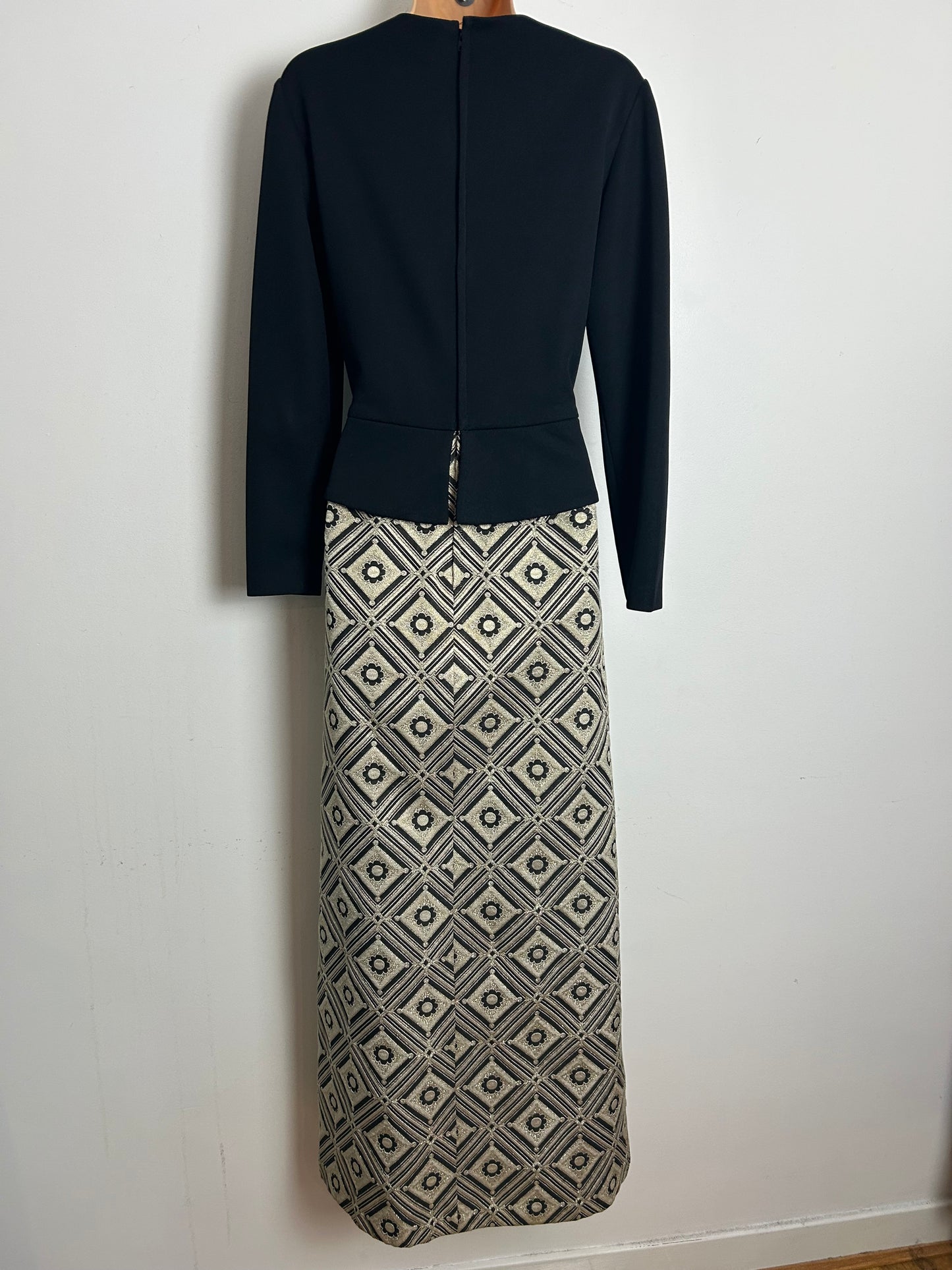Vintage 1960s CARNEIGIE OF LONDON Size 12 Black & Metallic Gold Peplum Occasion Evening Maxi Dress
