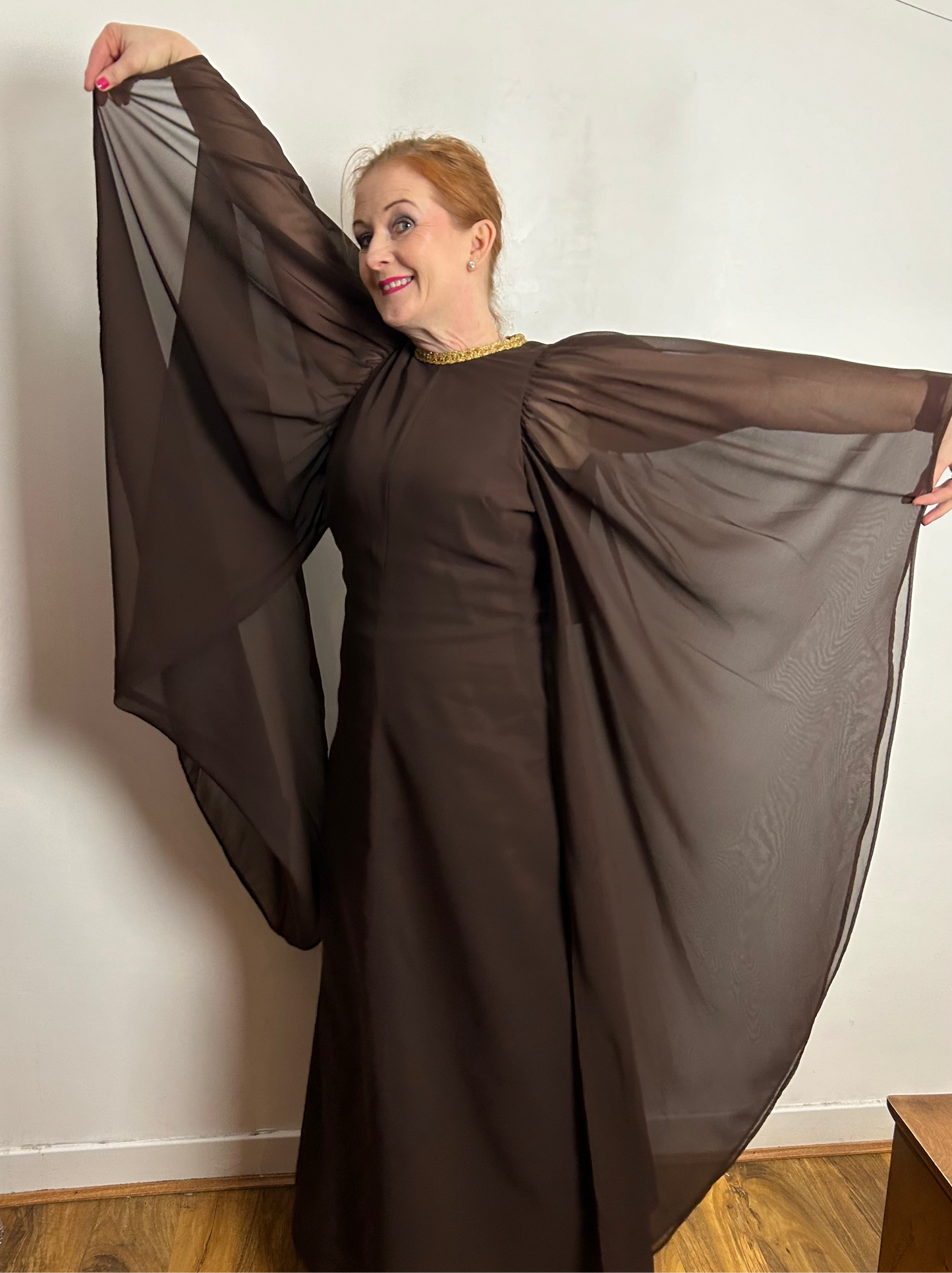 Vintage Late 1960s FIONA UK Size 10 Chocolate Brown Gold Braid Trim Very Wide Floaty Sleeve Occasion Maxi Dress