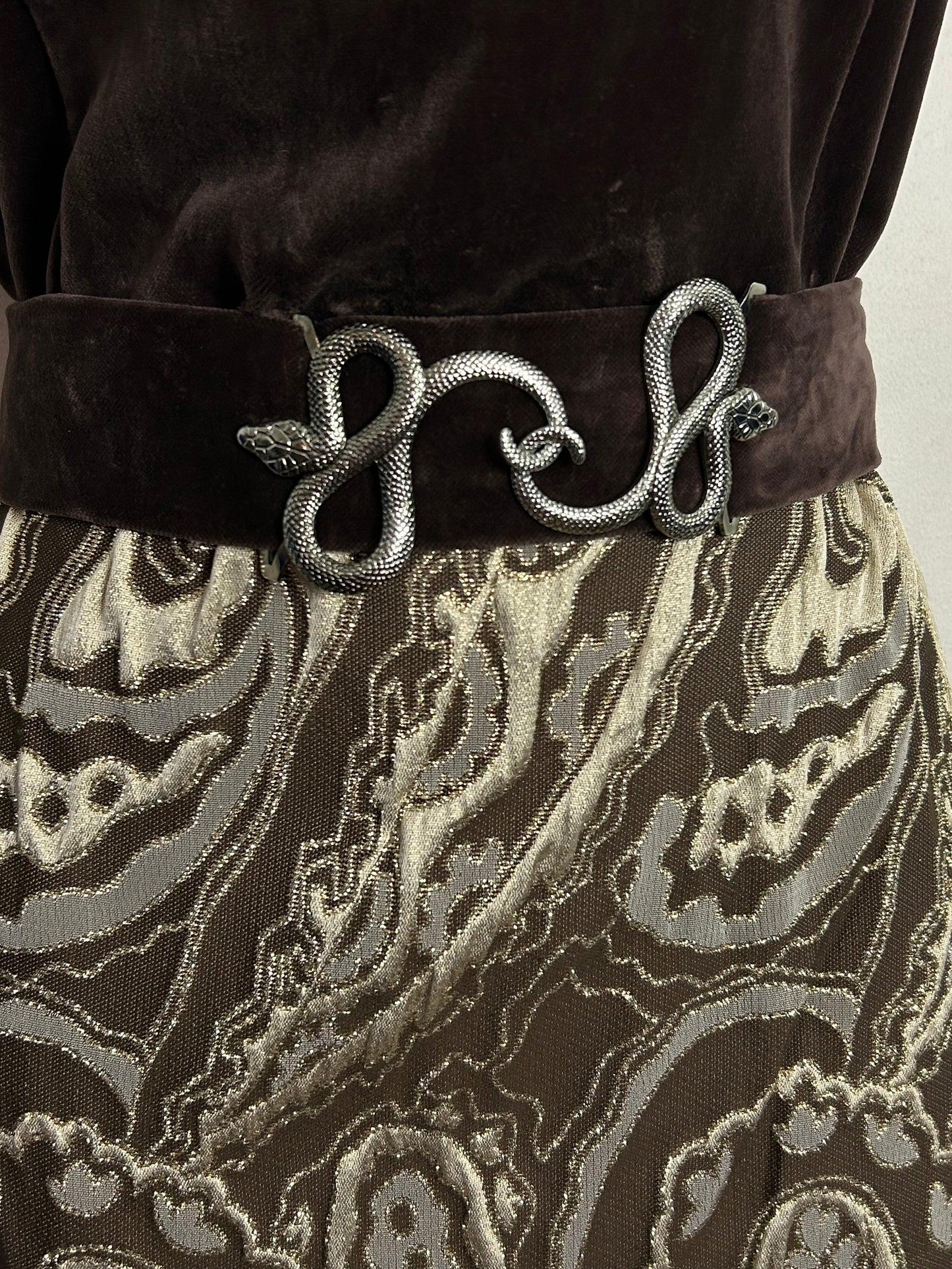 Vintage 1970s UK Size 10-12 Brown Gold & Silver Velvet & Brocade Belted Evening Maxi Dress