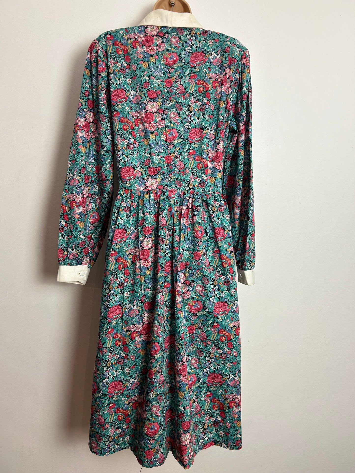 Vintage 1980s MARION DONALDSON UK Size 12 Black Green & Coral Floral LIBERTY Print Mock Wrap Cotton Day Dress