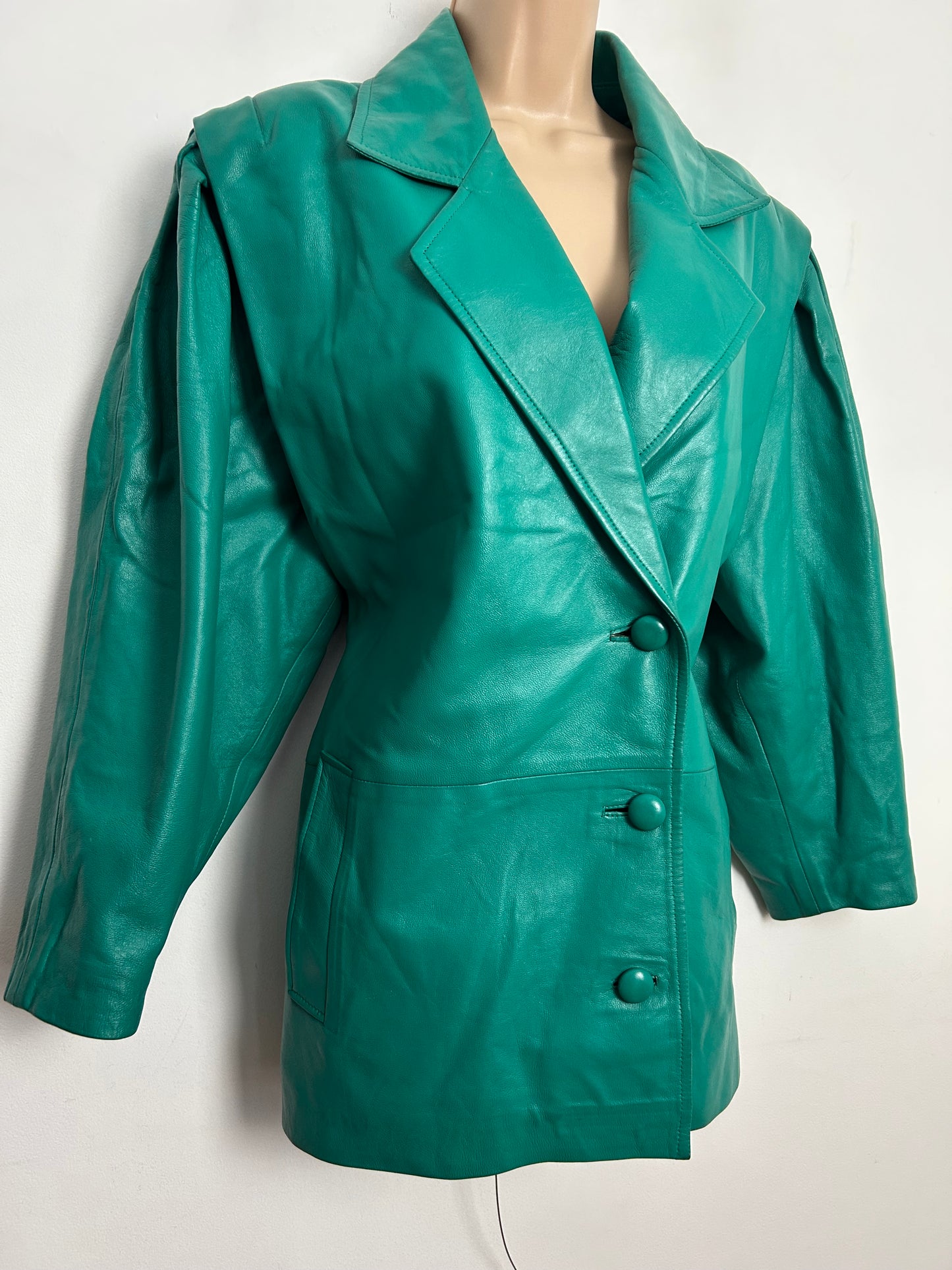 Vintage 1980s UK Size 14 Jade Green Oversized Leather Jacket