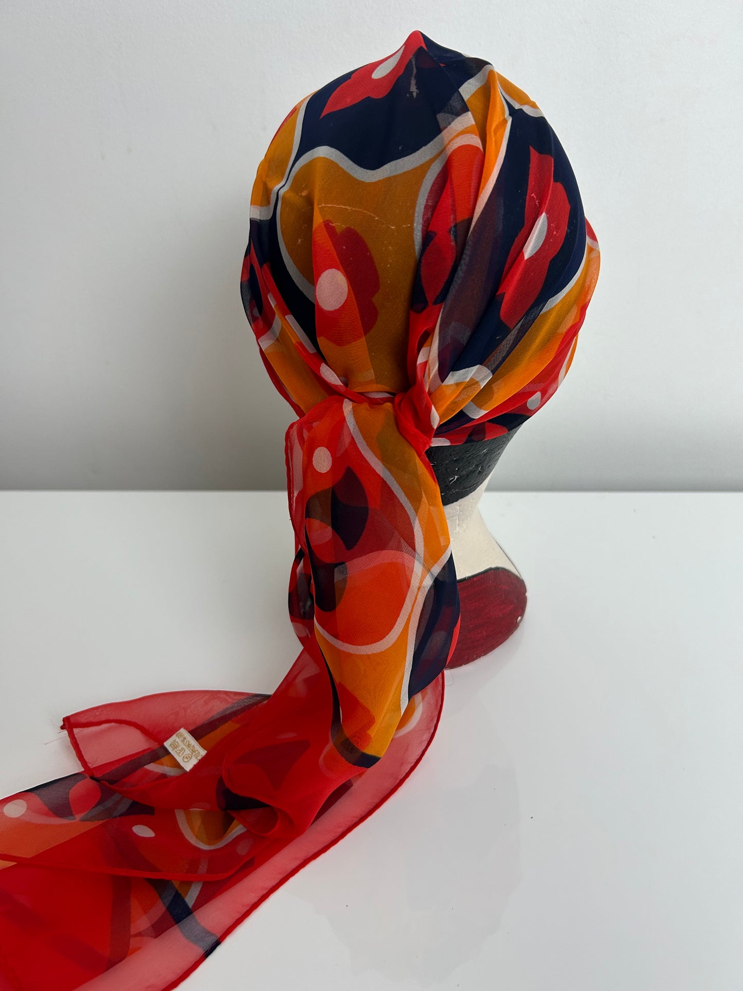 Vintage Red Orange & Navy Psychedelic Floral Print Chiffon Crepe Long Scarf