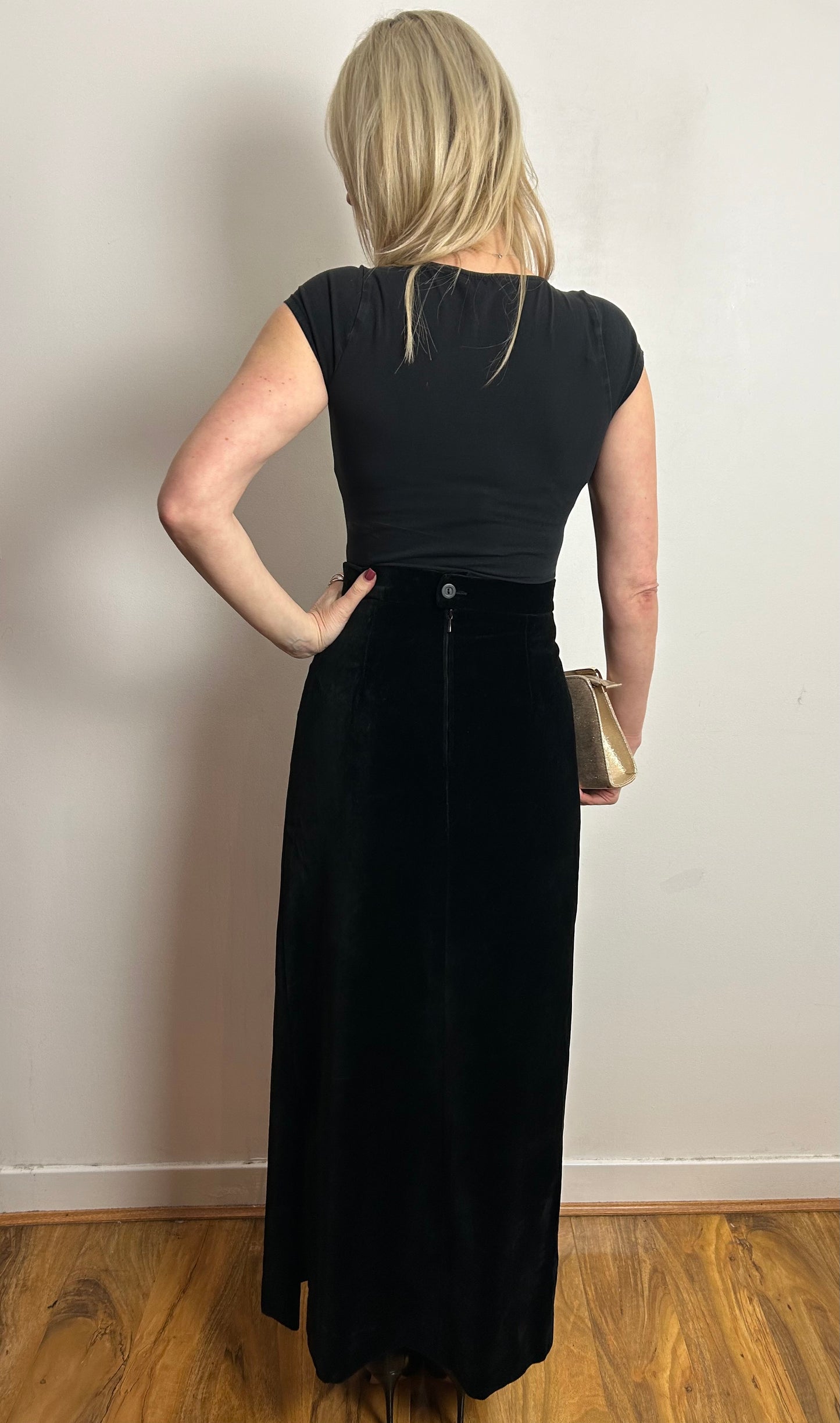 Vintage 1970s UK Size 8 Black Cotton Velvet Split Detail Column Style Maxi Skirt