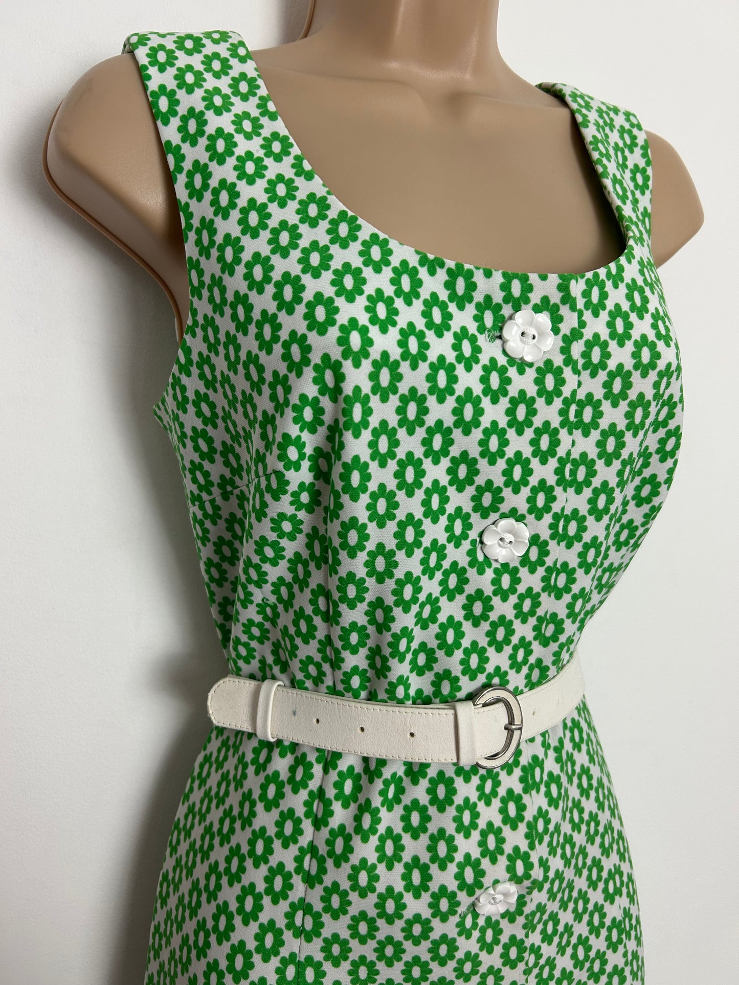 Vintage 1960s MARY HARNES Size 12 Green & White Daisy Floral Print Dress & Jacket Two Piece Set