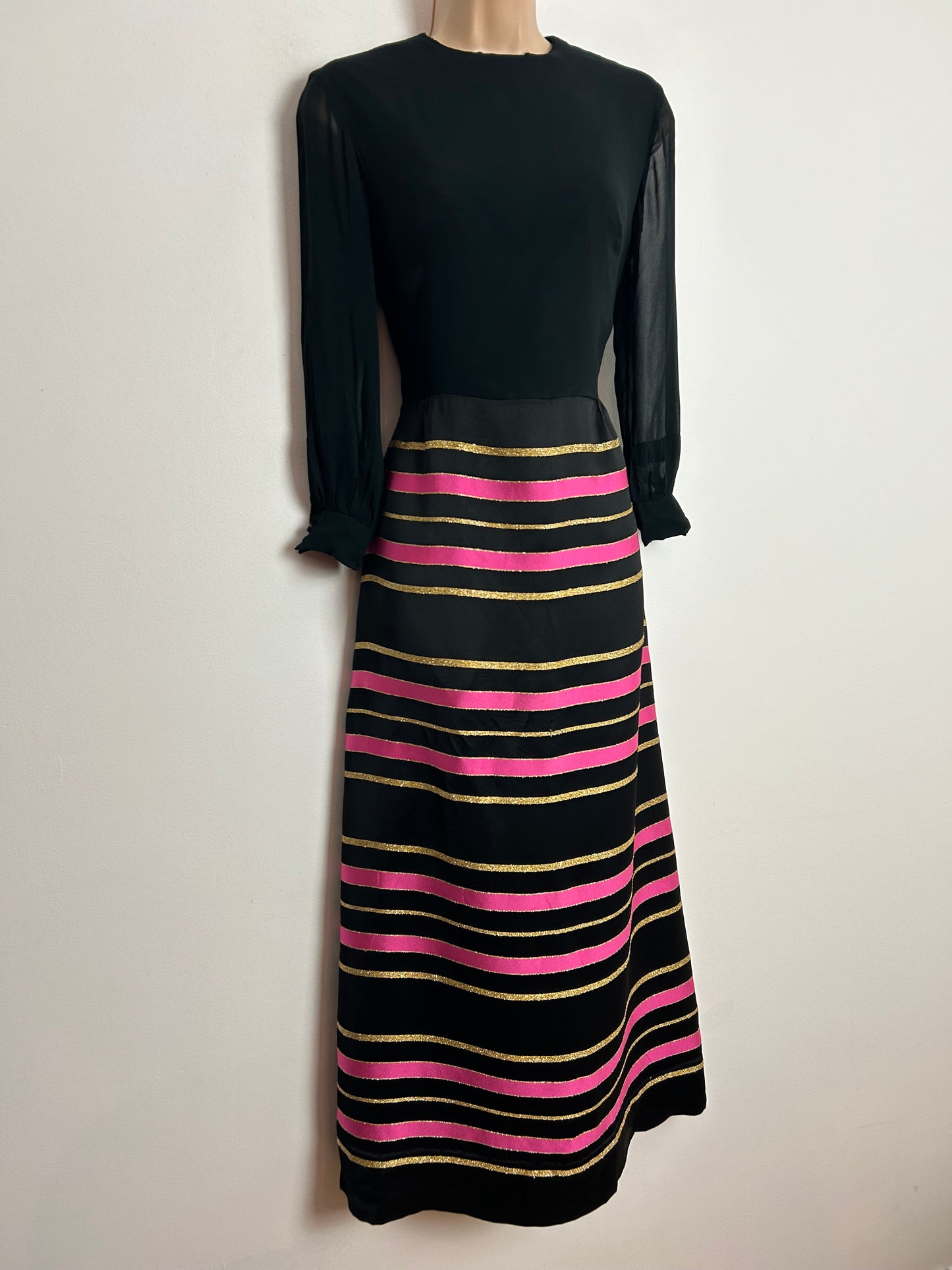 Vintage 1970s EASTEX UK Size 10 Black Pink & Gold Stripe Long Sleeve Occasion Evening Maxi Dress