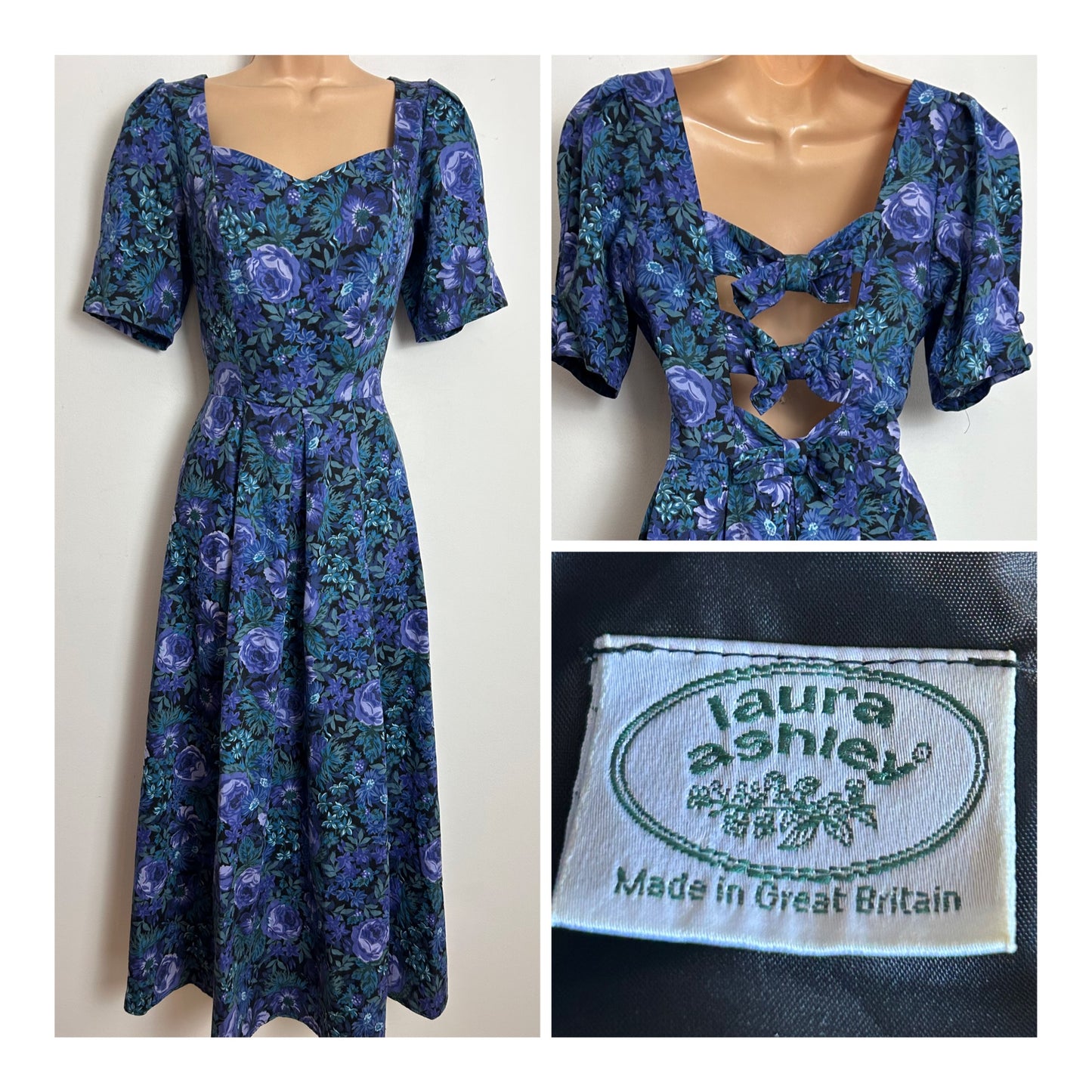 Vintage 1980s LAURA ASHLEY Size 10 Black Blue & Green Print Open Bow Back Dress