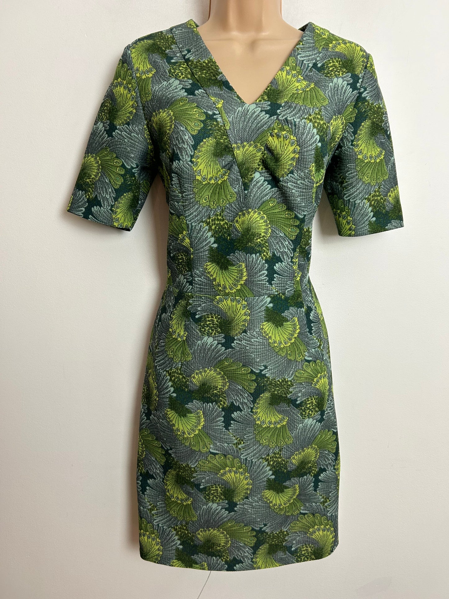 Vintage 1960s UK Size 8 Green Tones Floral Print Short Sleeve Mod Dress