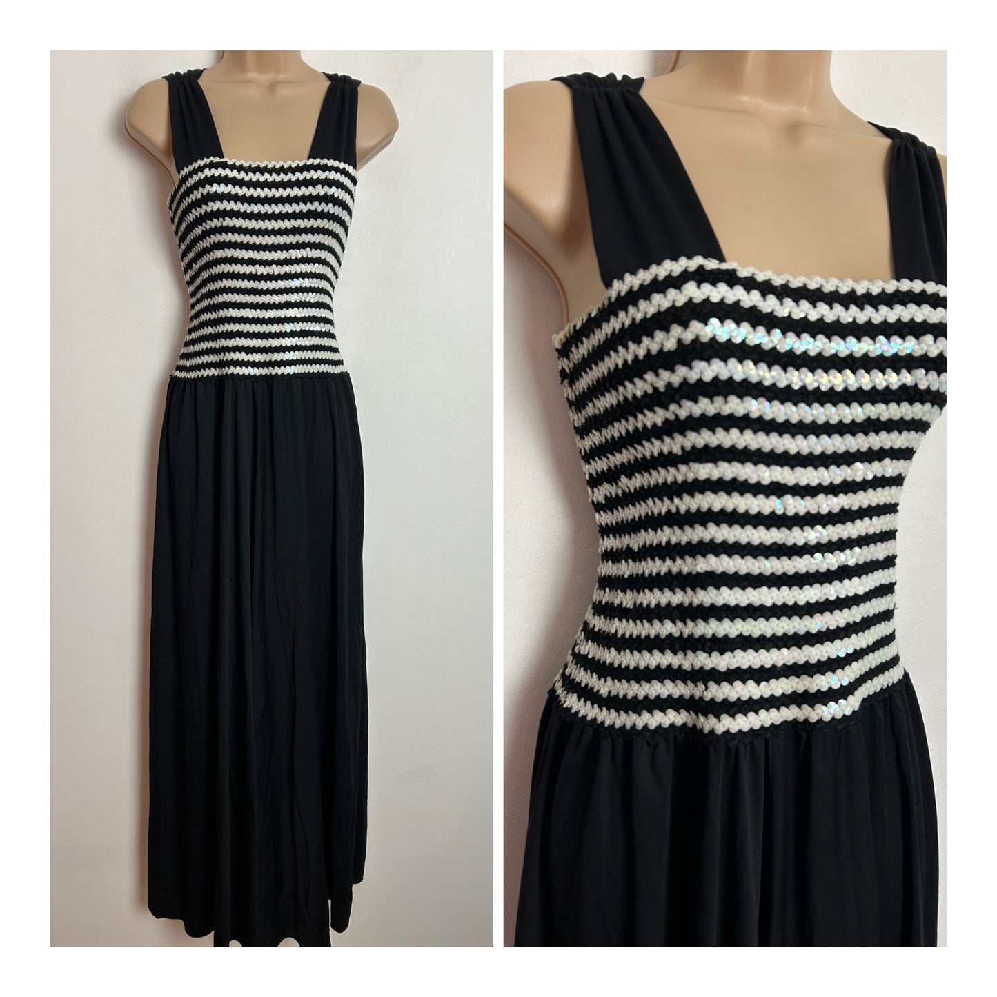 Vintage 1970s UK Size 10-14 Black & White Sequin Stretch Bodice Occasion Evening Maxi Dress