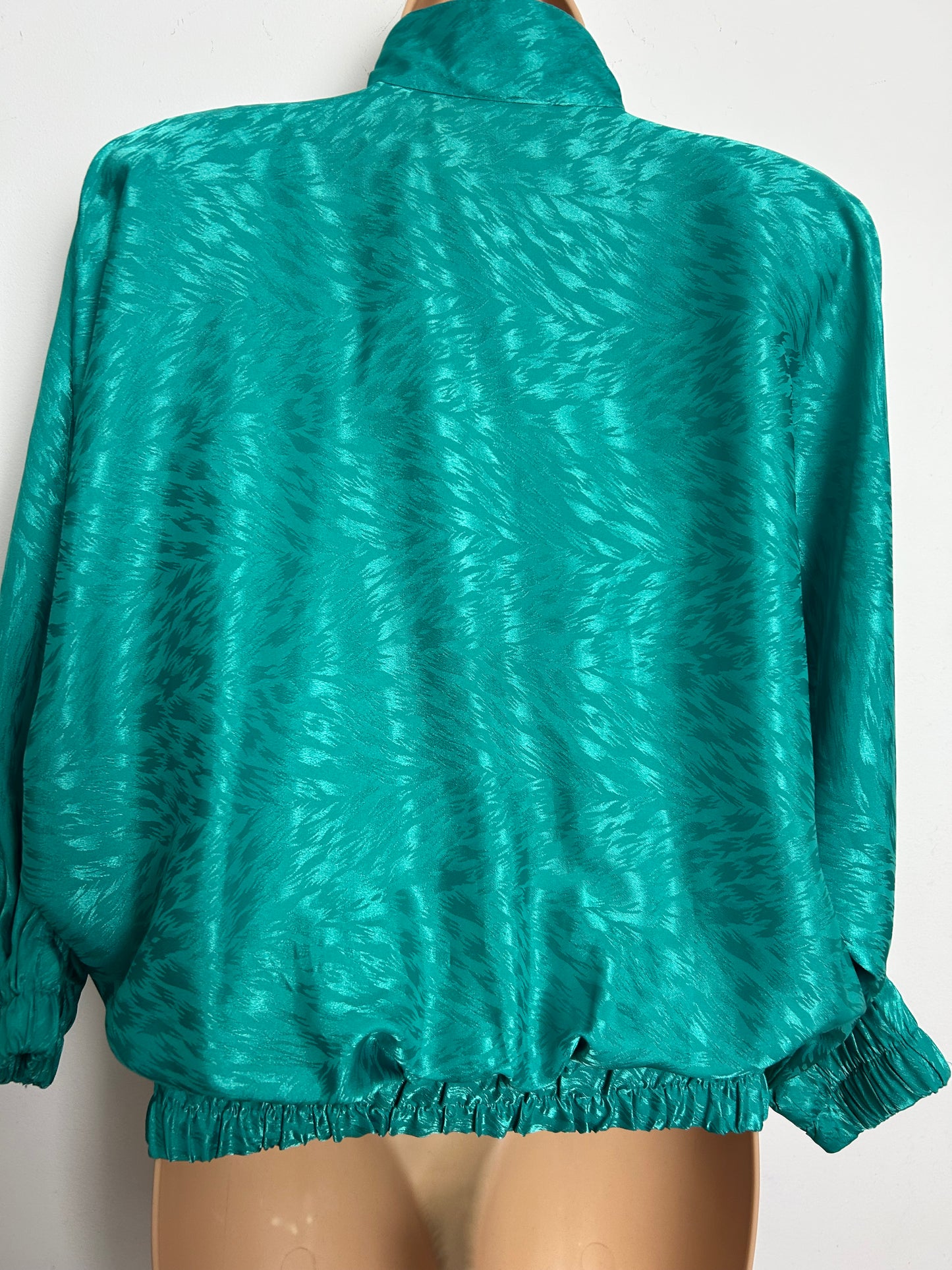 Vintage 1980s MARCO PECCI Size 14-16 Jade Green Animal Print Patterned Bat Wing Blouse