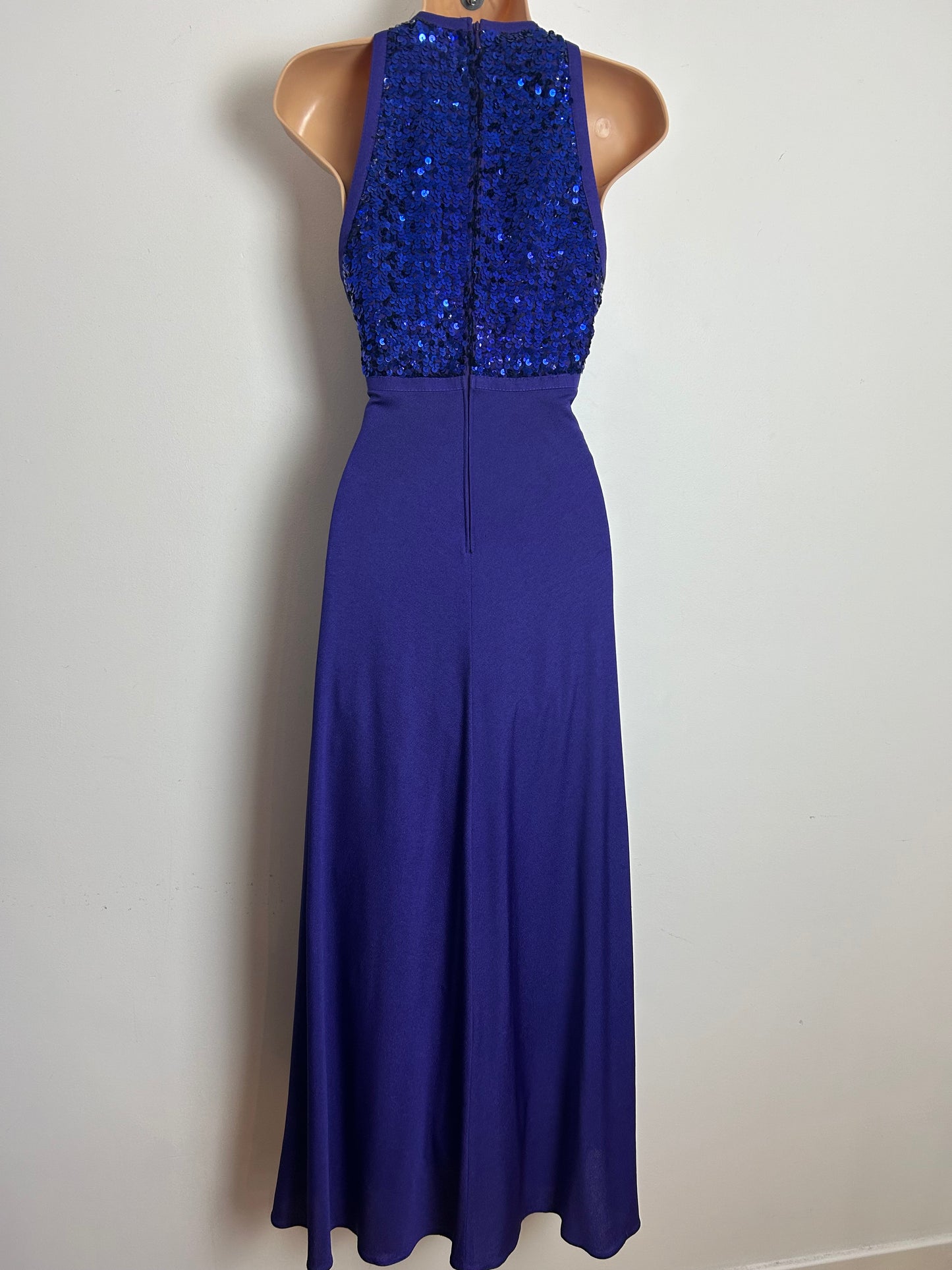 Vintage 1970s YVETTE Size 8 Purple Sequin Bodice Plunge Neck Evening Party Maxi Dress