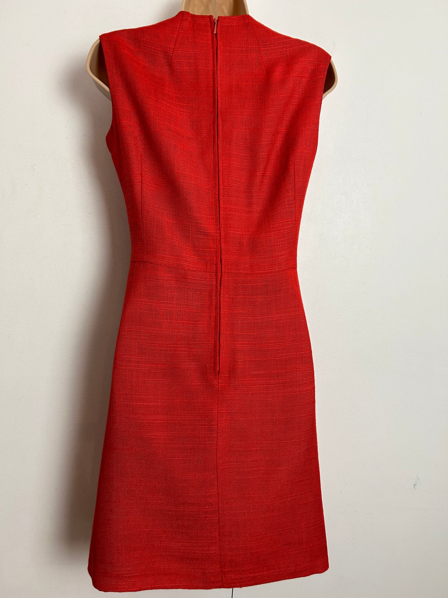 Vintage 1960s UK Size 8 Red Woven Viscose Sleeveless Tie Waisted Mod Shift Dress