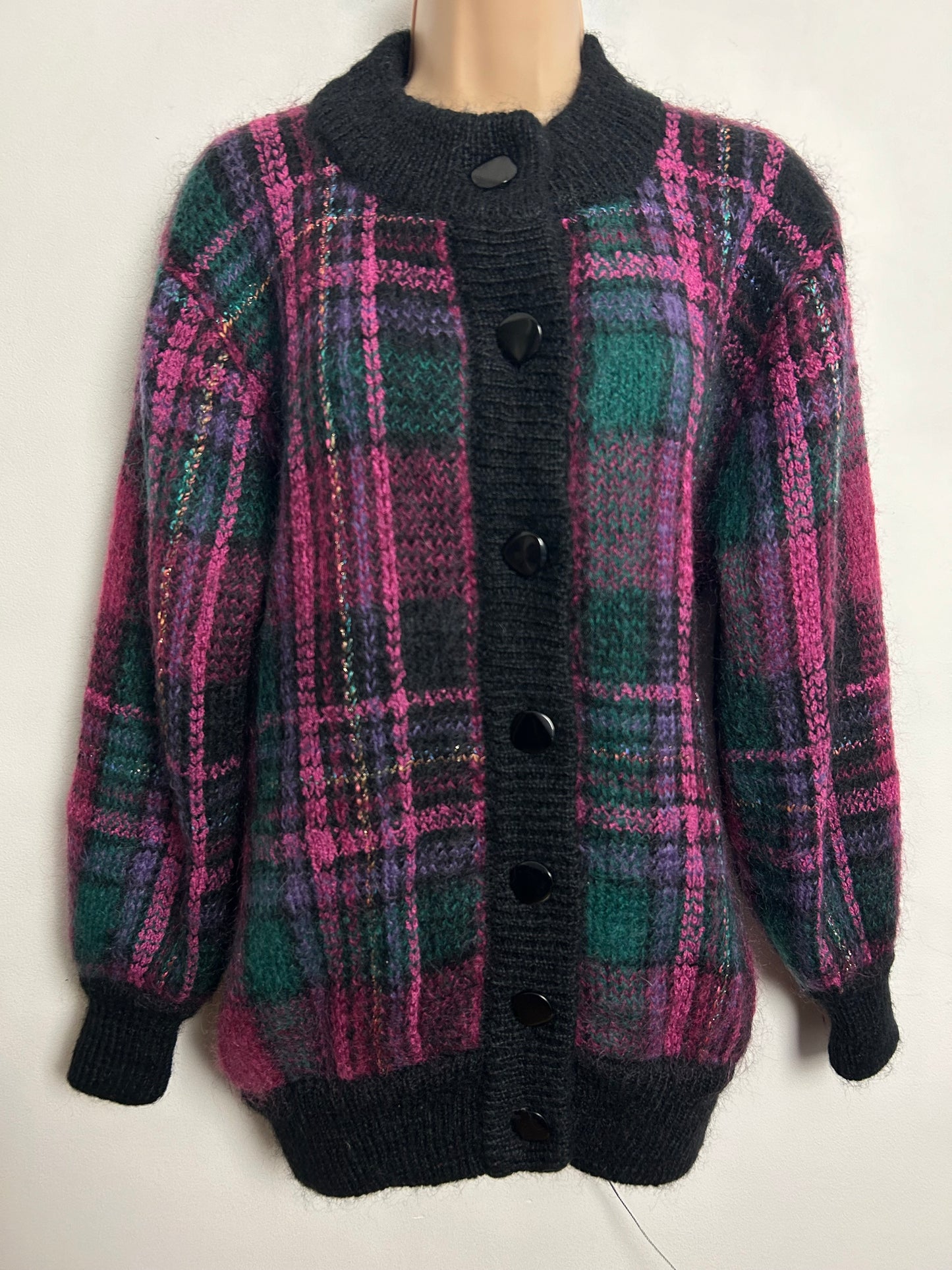 Vintage 1980s Up To Size 14 Black Green & Pink Check Mohair Mix Over Sized Cardigan