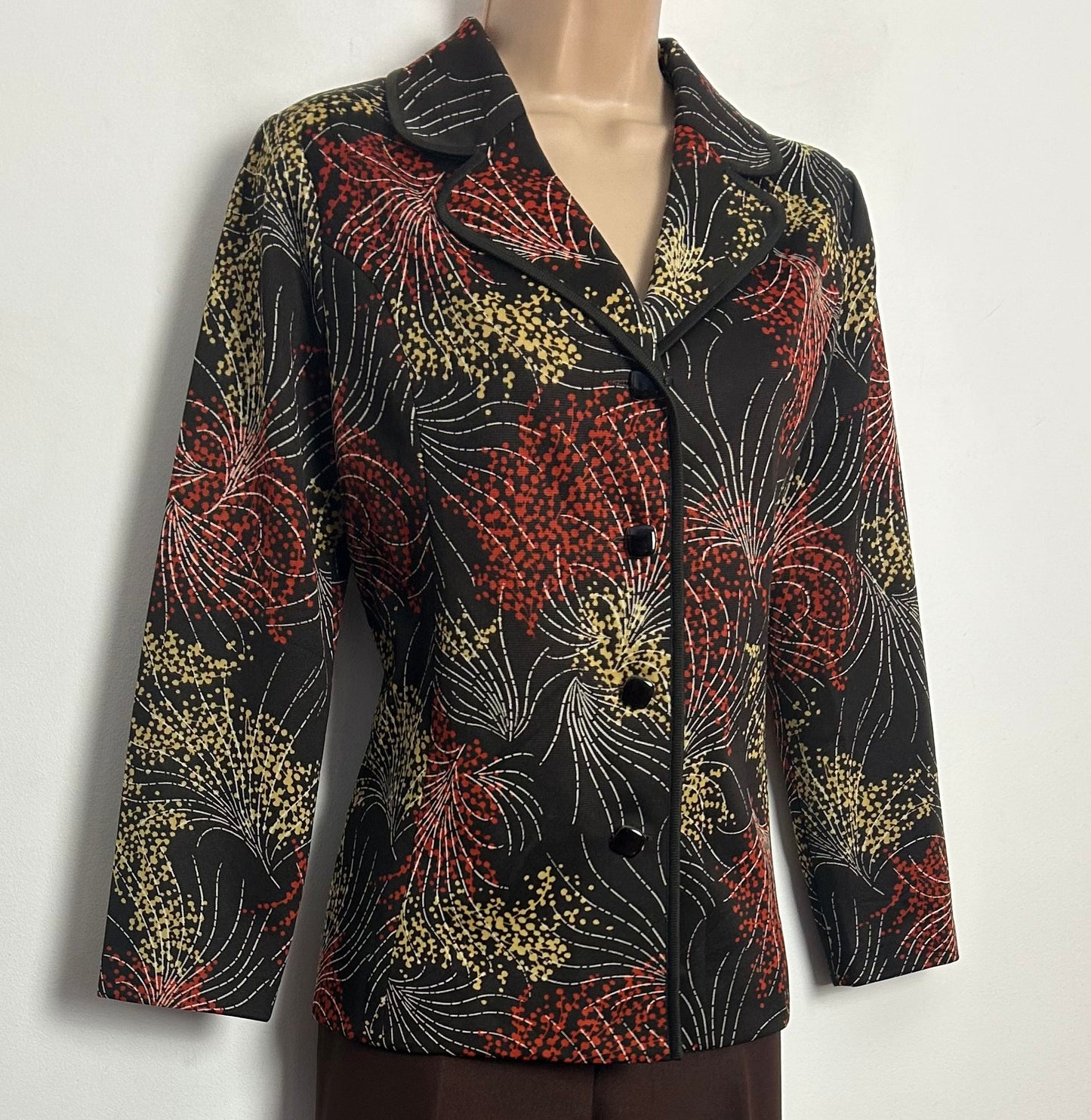 Vintage 1960s UK Size 10-12 Brown Beige & Rusty Orange Abstract Print Long Sleeve Shirt/Top