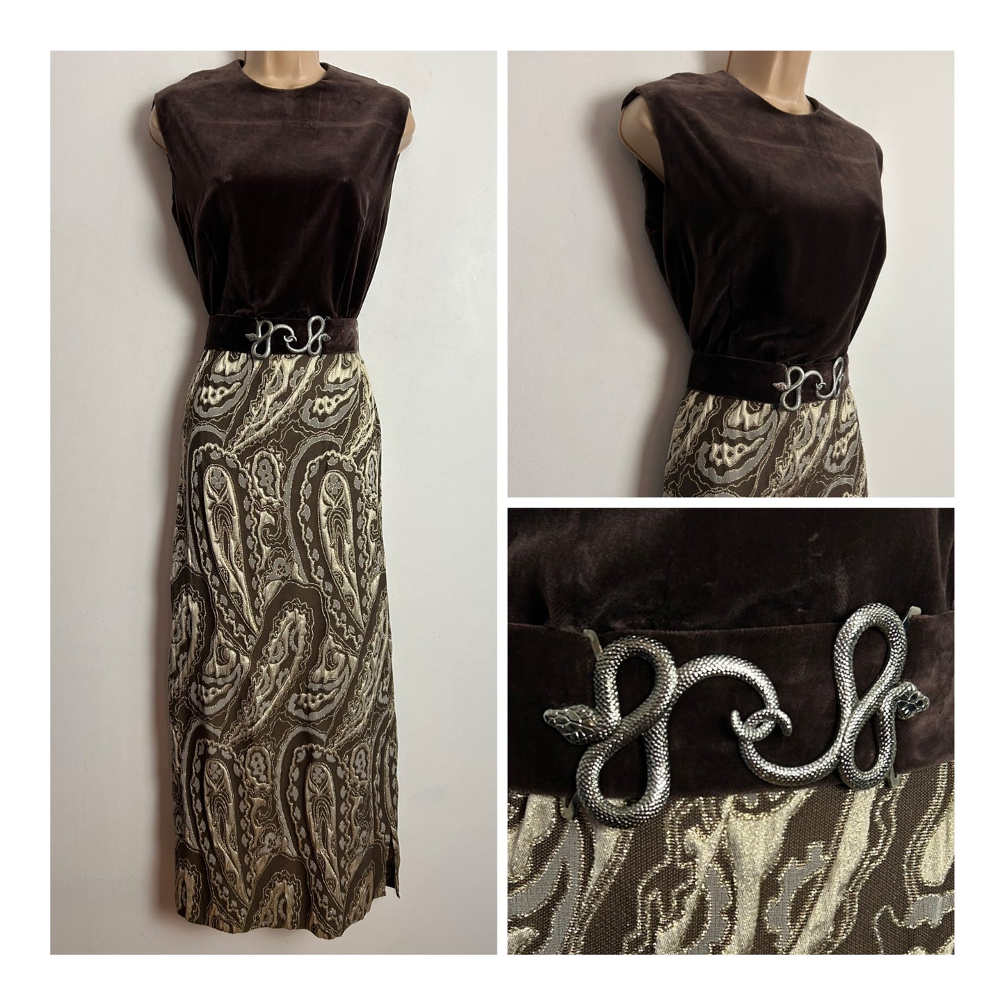 Vintage 1970s UK Size 10-12 Brown Gold & Silver Velvet & Brocade Belted Evening Maxi Dress