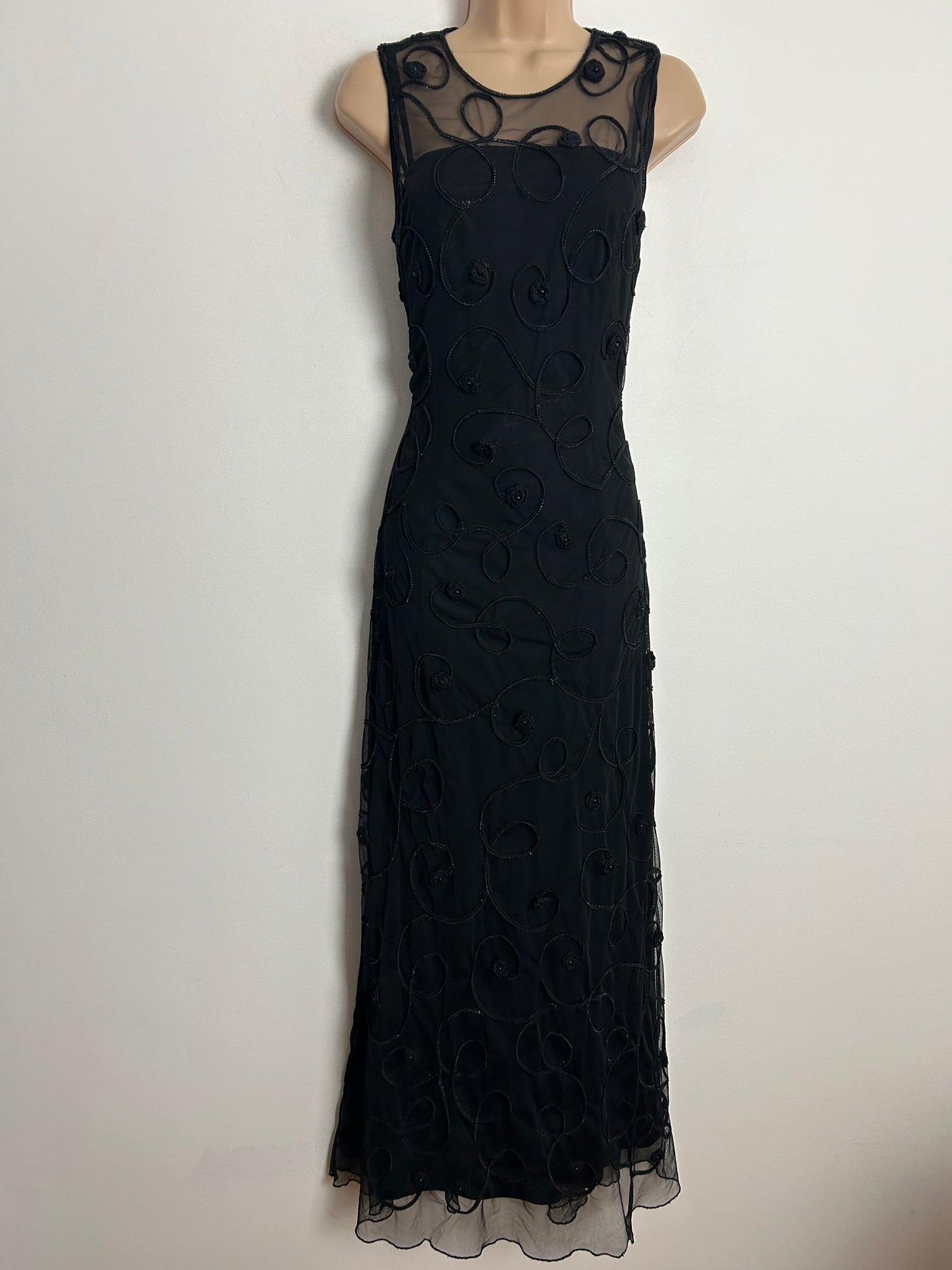 Vintage 1980s NIENTIE UK Size 8-10 Black Illusion Neck Fine Mesh Braid Trim Sleeveless Occasion Evening Maxi Dress