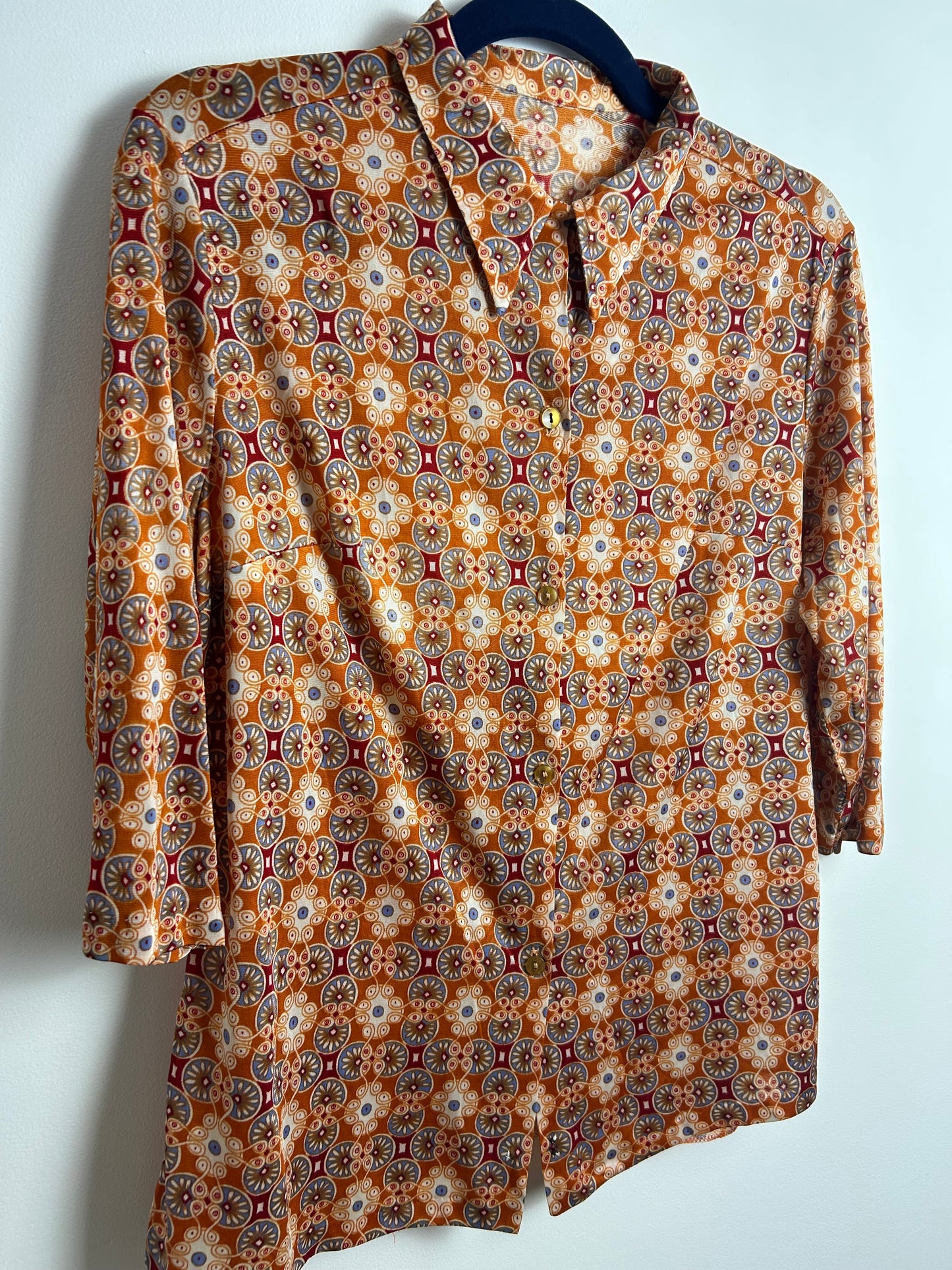 Vintage 1970s Size 12-14 Rusty Orange Blue & Dark Red Abstract Circle Print Long Sleeve Shirt