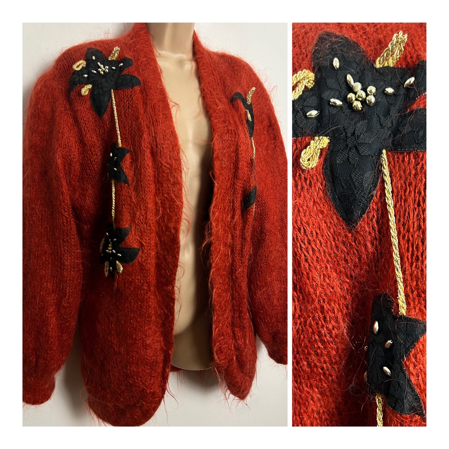 Vintage 1980s One Size Up To Size 16/18 Rusty Orange & Black Floral Applique Mohair Mix Bead Detail Open Fronted Cardigan
