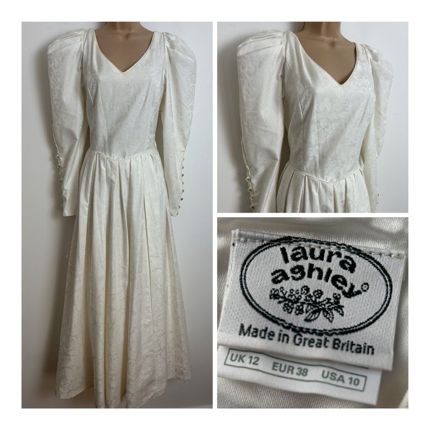 Vintage 1980s LAURA ASHLEY Size 8 (Size 12 On Label) Cream Damask Leg Of Mutton Sleeve Wedding Dress