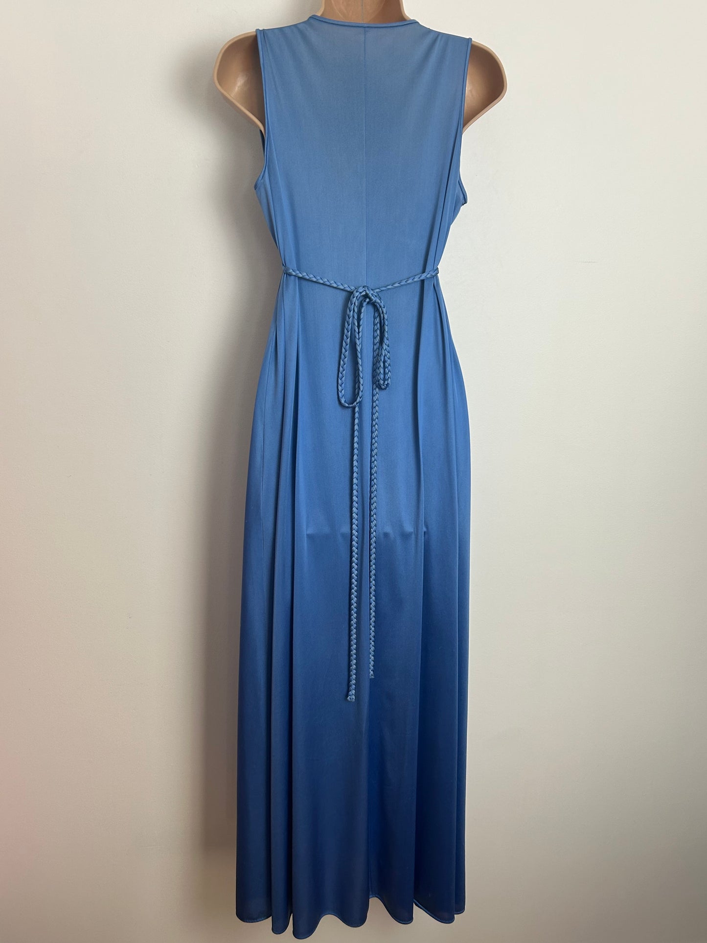 Vintage 1970s Size 8 Dusky Blue Nylon Plait Tie Back Full Length Negligee Nightdress