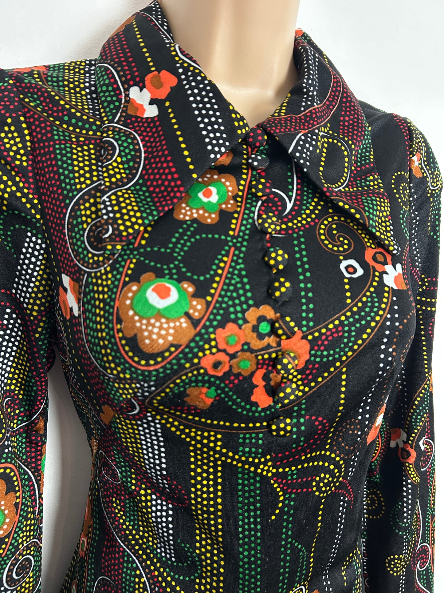 Vintage 1970's UK Size 6-8 Black Orange Brown Green & Yellow Floral & Spot Print Long Sleeve Maxi Dress
